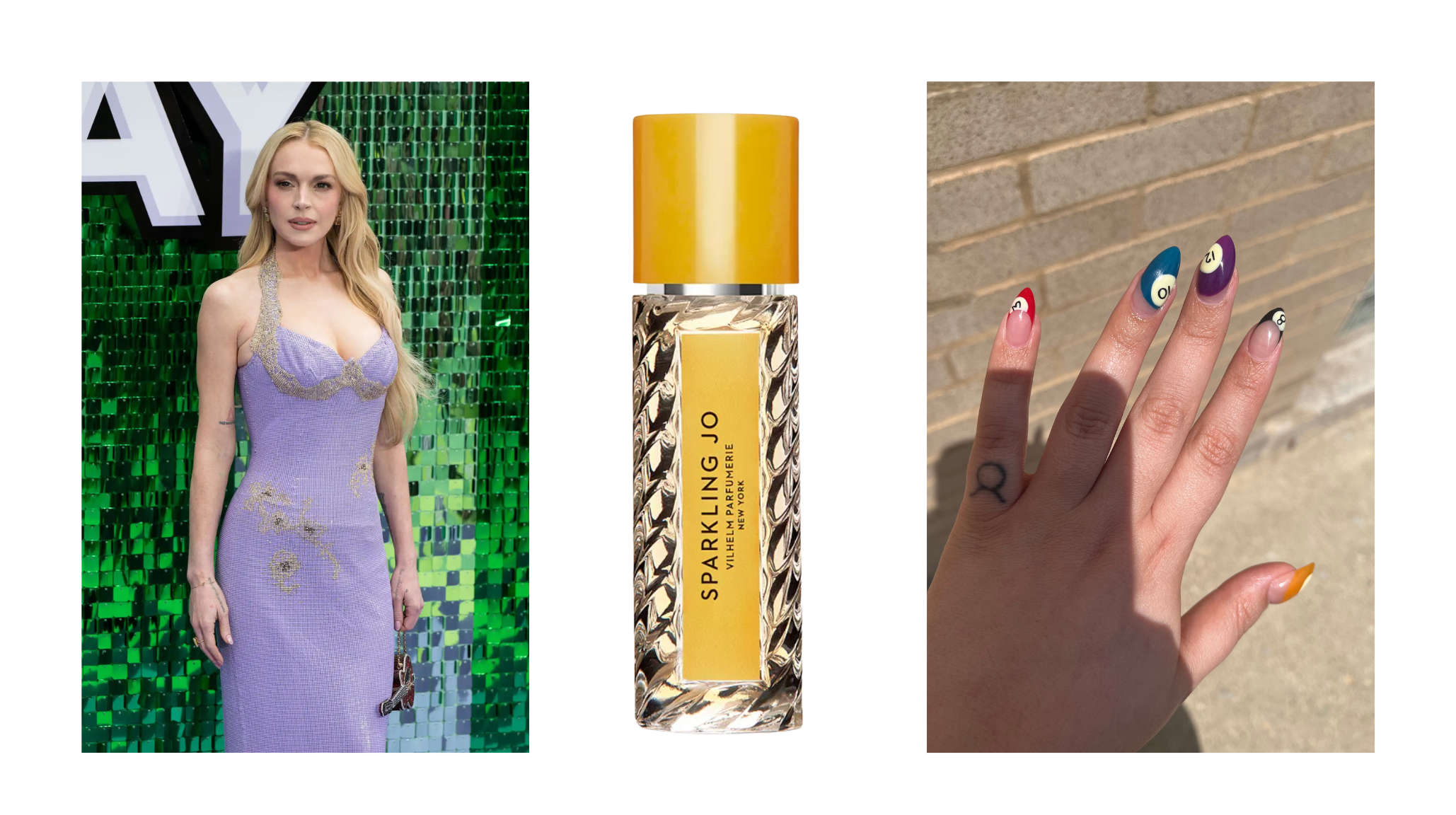 Lindsay Lohan wearing a purple embellished dress at a movie premiere event with green backdrop. Vilhelm Perfumes Sparkling Jo fragrance bottle featuring yellow cap and crystal-cut glass design. Pool ball inspired nail art design by nail artist Gigi showcasing colorful numbered spheres on each fingernail for end of summer manicure.