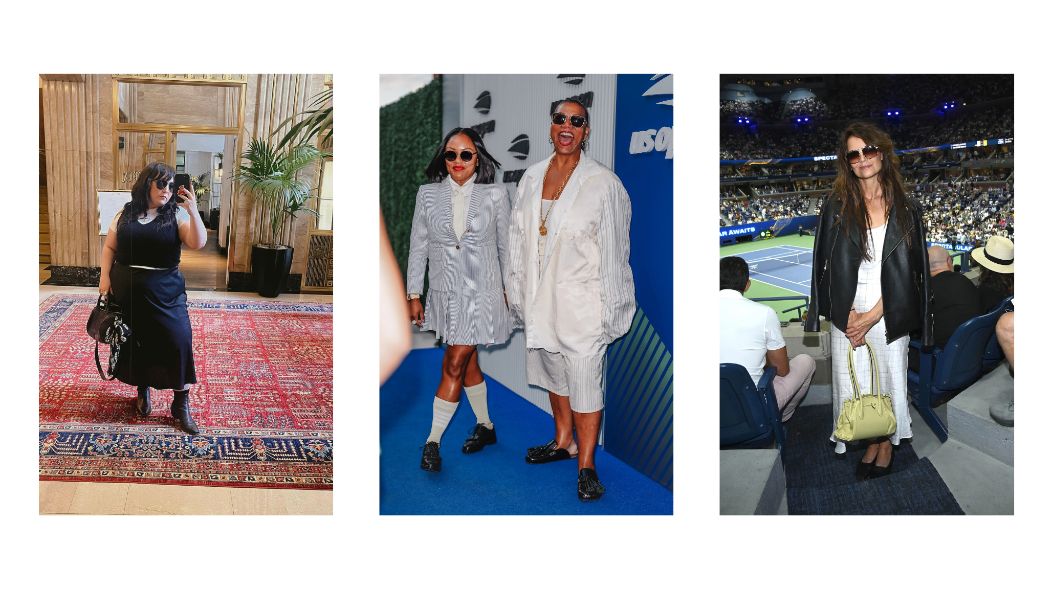 Fashion blogger mirror selfie showcasing cashmere vest layered over cotton tee with silk slip skirt and moto boots styling. Eboni Nichols and Queen Latifah coordinating in matching neutral toned outfits with loafers at US Open tennis tournament. Katie Holmes sporting effortless style in oversized black leather jacket paired with butter yellow soft leather handbag at US Open event.