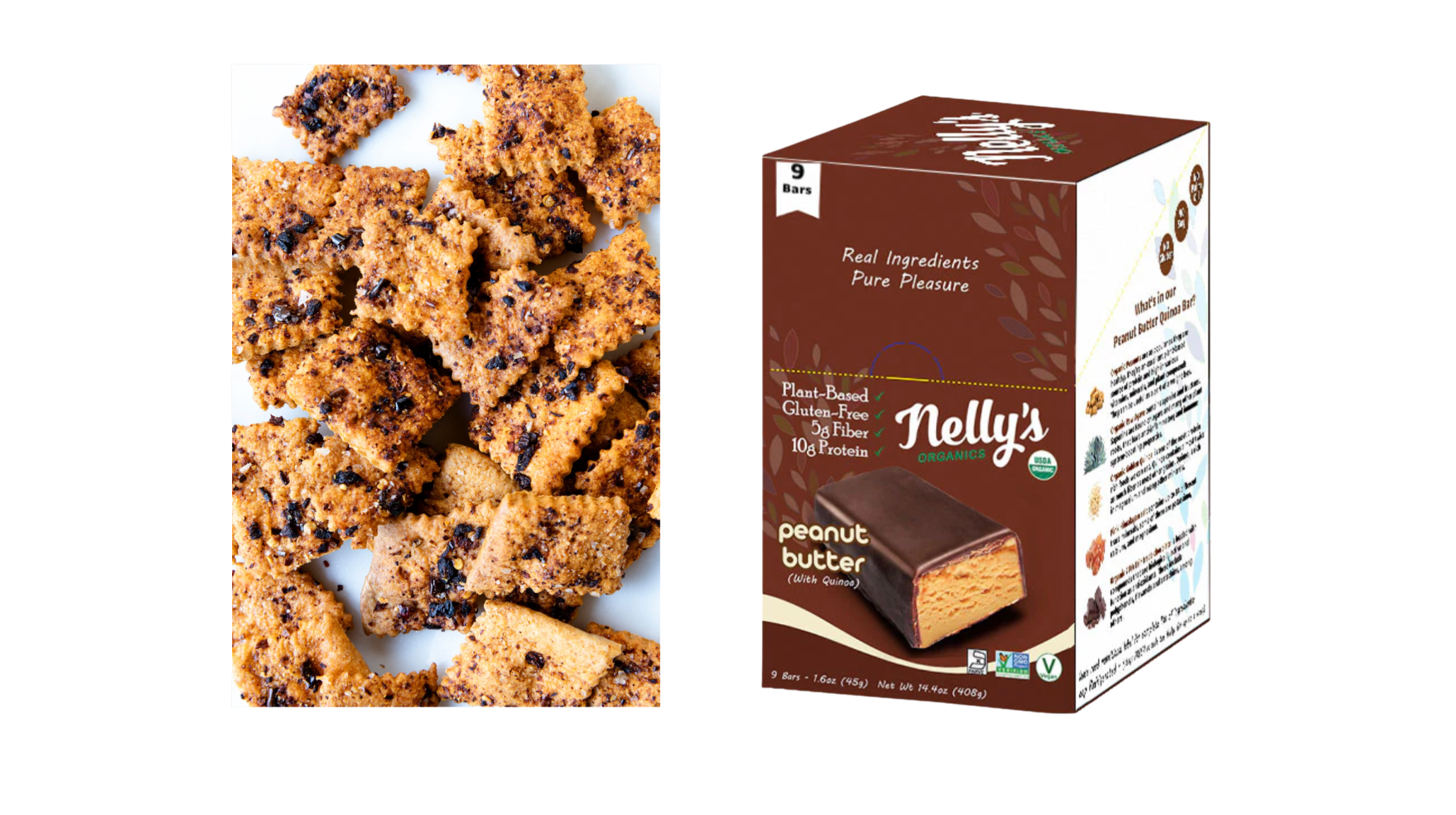 Chinese Mom Kitchen handmade sourdough chili crisps featuring spicy seasoning and crispy texture resembling elevated Cheez-Its snack crackers. Nelly's Organics peanut butter quinoa protein bars with chocolate coating offering healthy candy bar alternative with creamy peanut butter filling.