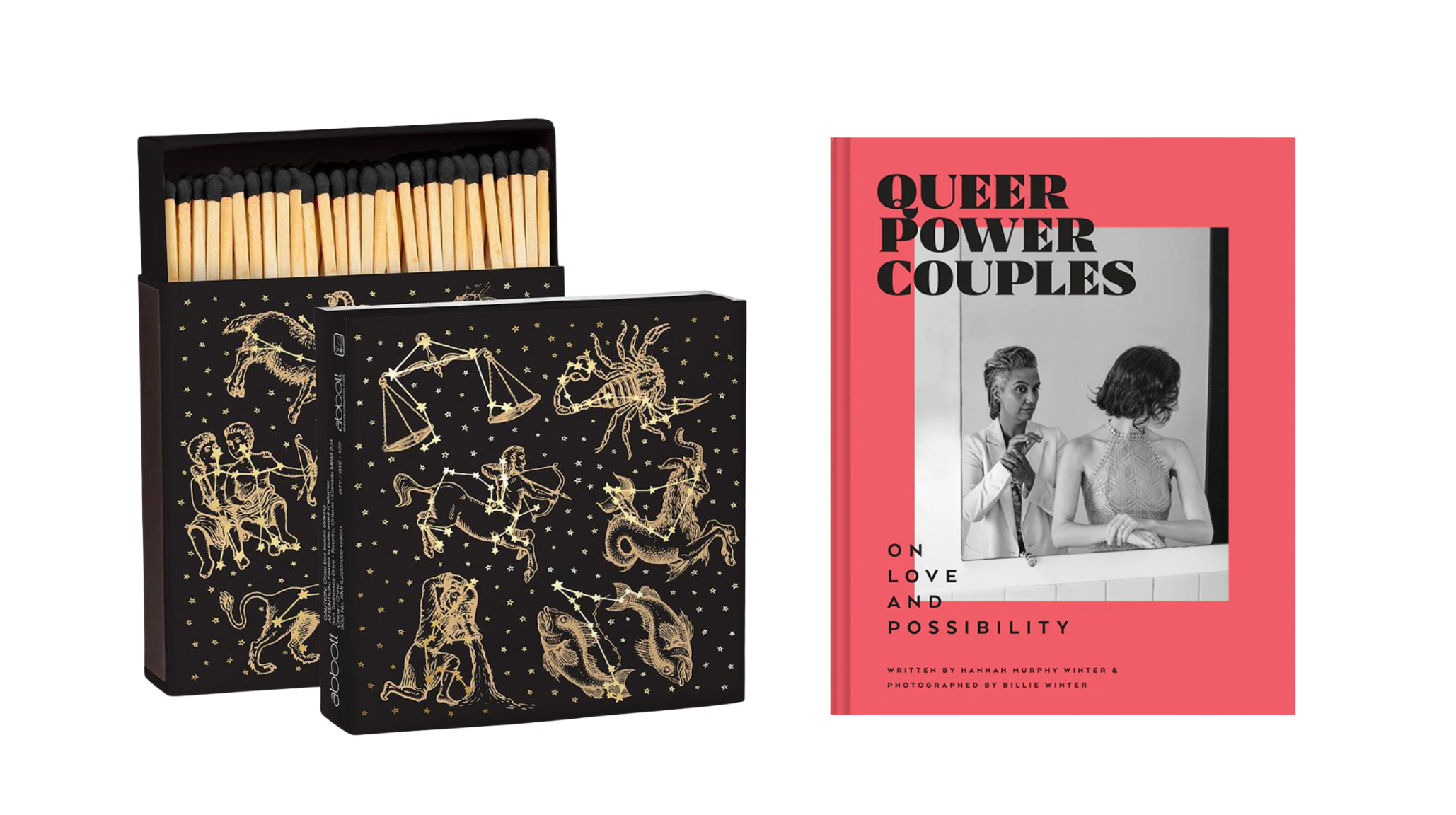 Abbott luxury matches featuring zodiac constellation designs on black packaging with gold foil details for everyday home use. Queer Power Couples coffee table book by Billie Winter and Hannah Murphy Winter documenting LGBTQ love stories and relationship success.