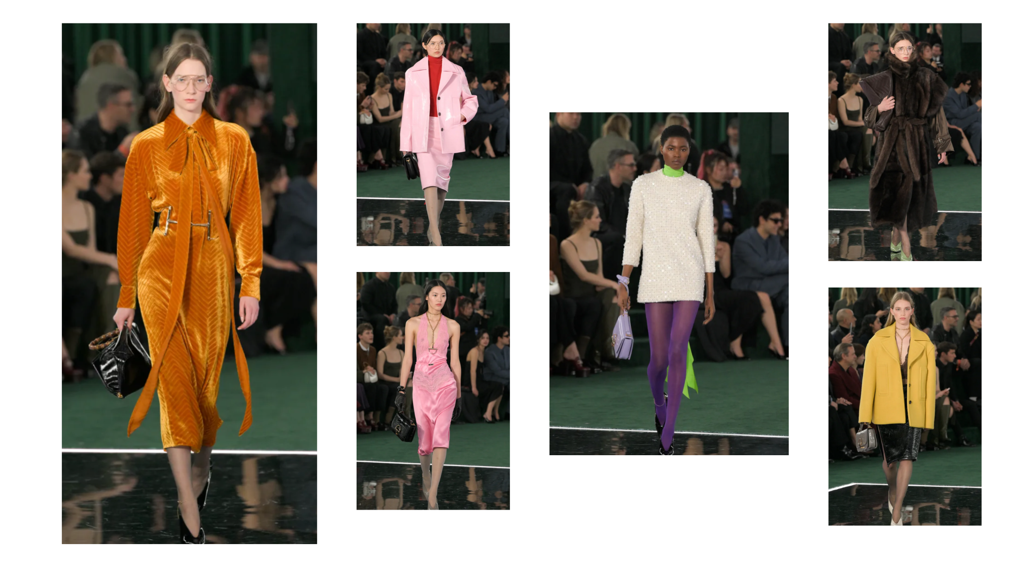 Fashion week runway looks including orange velvet dress, pink suits, purple tights, yellow coat, and luxury designer collections for fall 2025 season