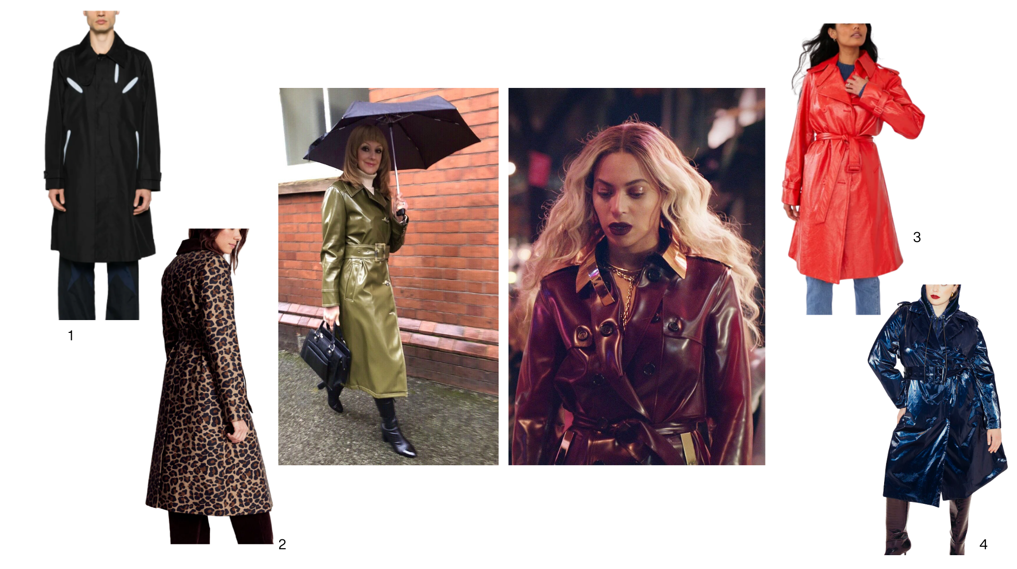 Fall 2025 outerwear trends showcasing black tailored coat, leopard print coat, olive green leather trench, red patent leather coat, and navy metallic jacket