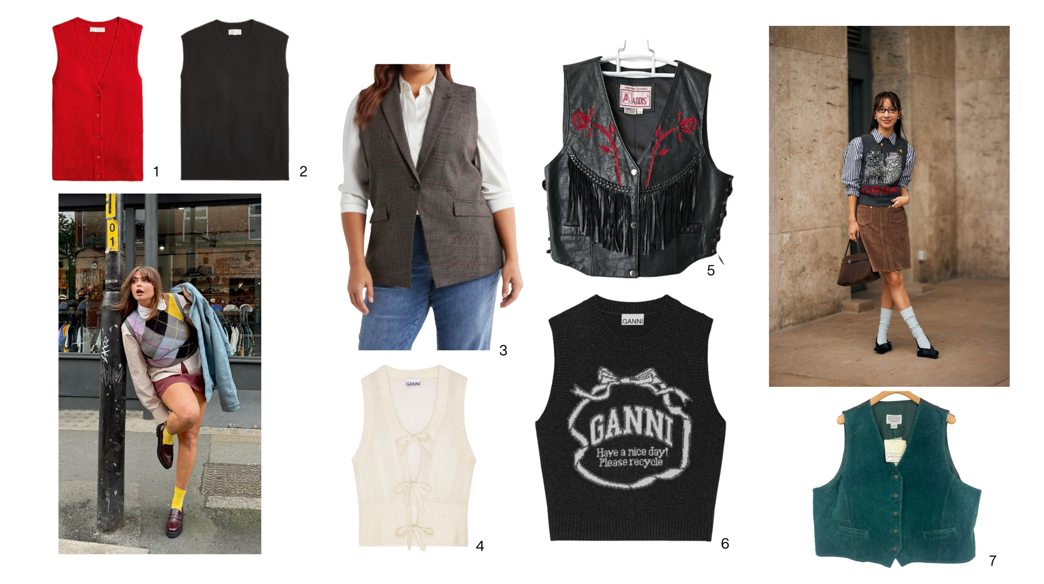 Fall layering pieces featuring red and black knit vests, gray blazer, leather fringe vest, Ganni logo sweater vest, and corduroy styling for autumn fashion