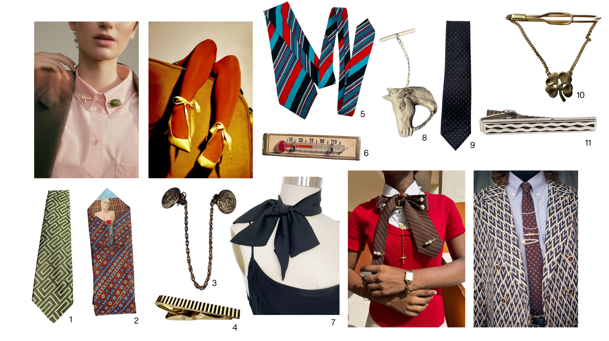 Fall 2025 menswear trends including patterned ties, vintage accessories, navy bow tie, striped tie clip, horse head pendant, and classic men's fashion styling