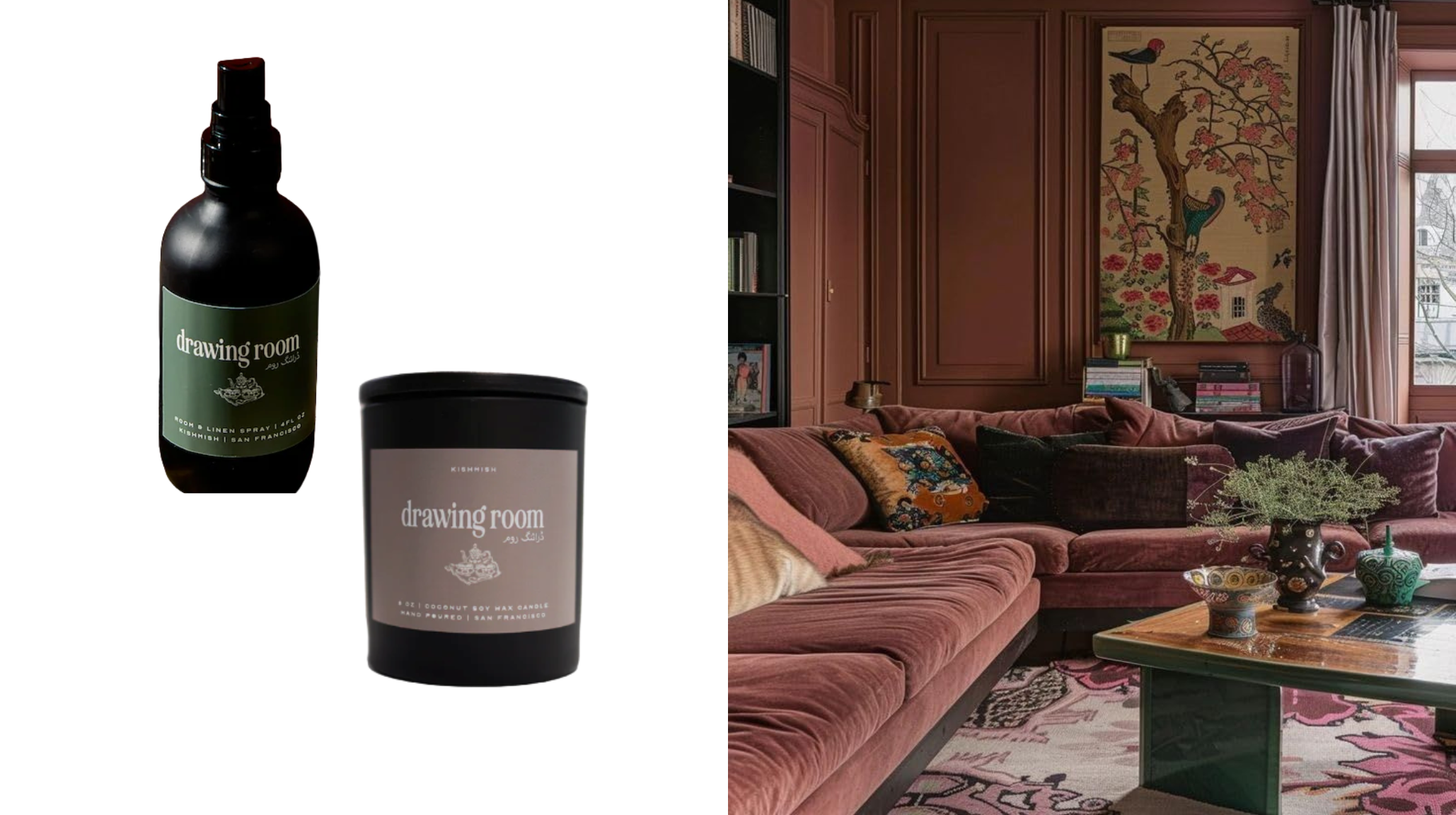 Drawing Room luxury home fragrance collection featuring room spray and candle in elegant black packaging, styled with rich burgundy velvet sectional sofa for sophisticated autumn ambiance