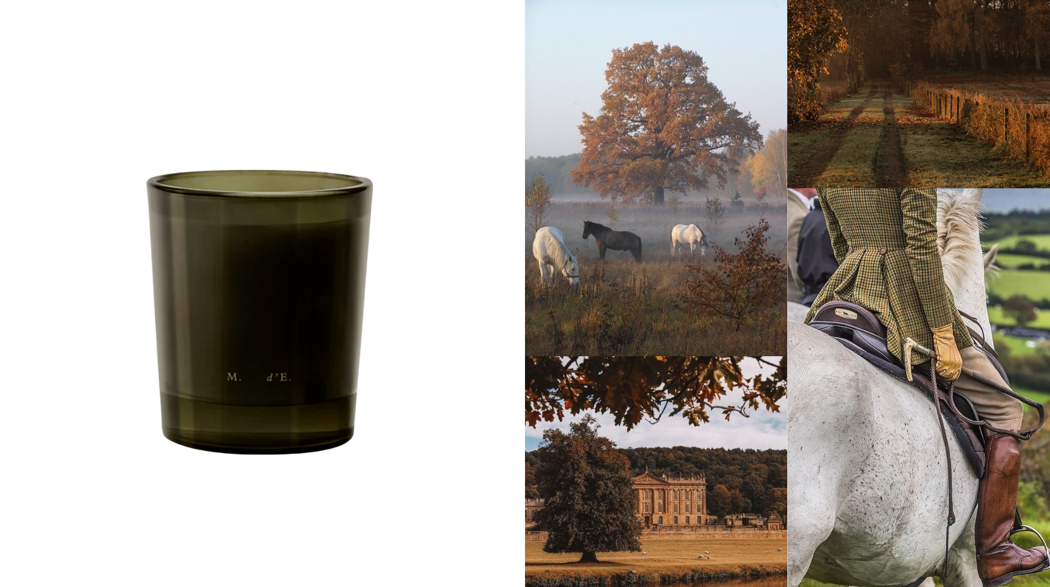 Minimalist olive green luxury candle with M.E. branding alongside pastoral English countryside scenes with horses and estate manor for fall seasonal home decor inspiration