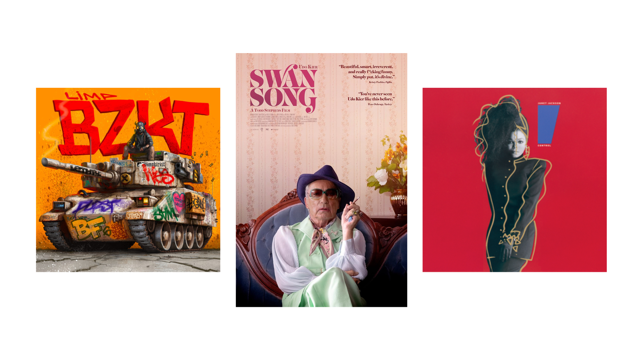 Limp Bizkit album artwork, Swan Song film poster featuring Udo Kier as retired hairdresser Pat Pitsenbarger, Janet Jackson Control album cover