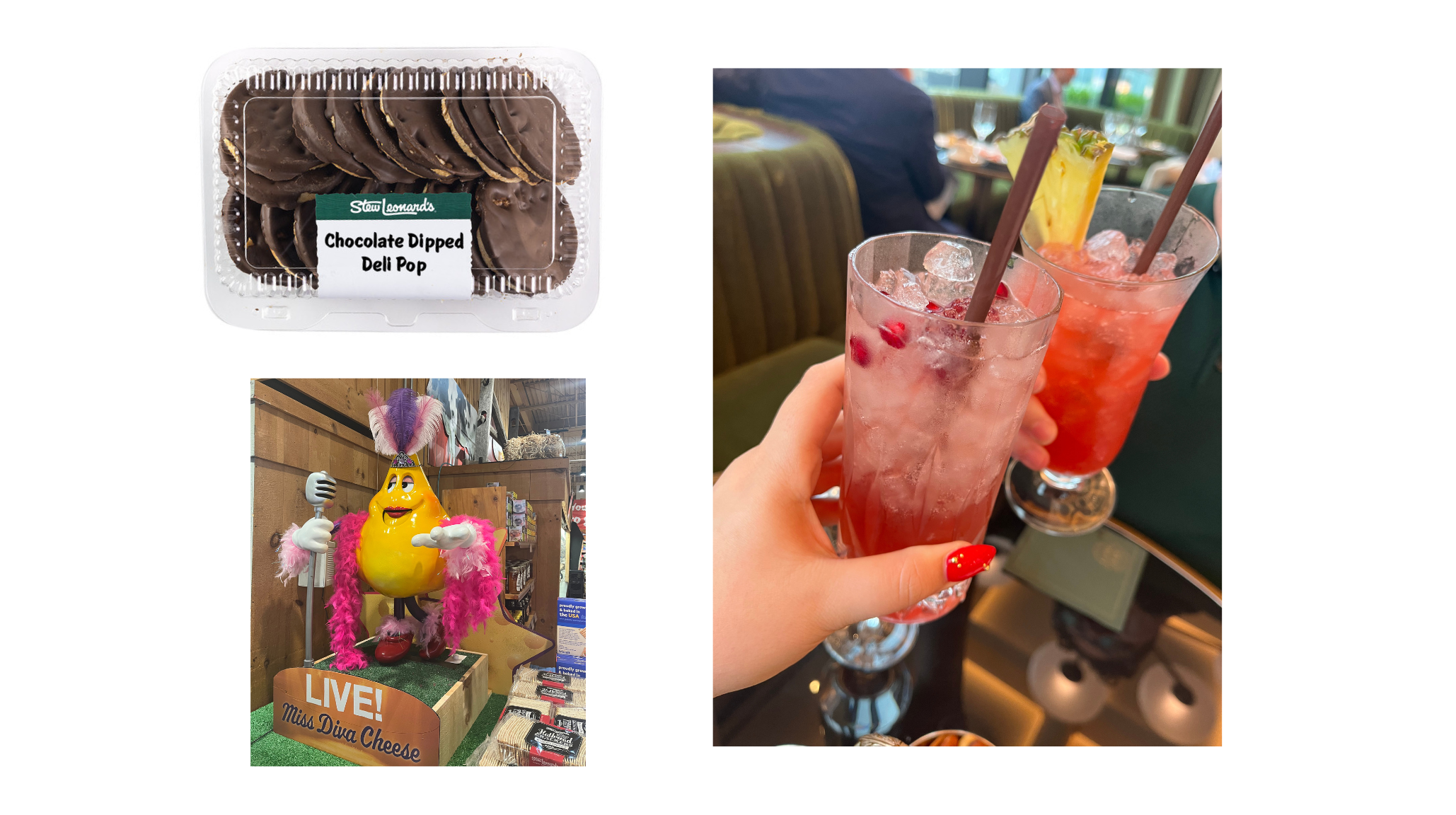 Stew Leonard's chocolate dipped deli pop rice cakes, animatronic grocery store display, Singapore Sling and Boston Sling cocktails at Raffles Hotel Boston