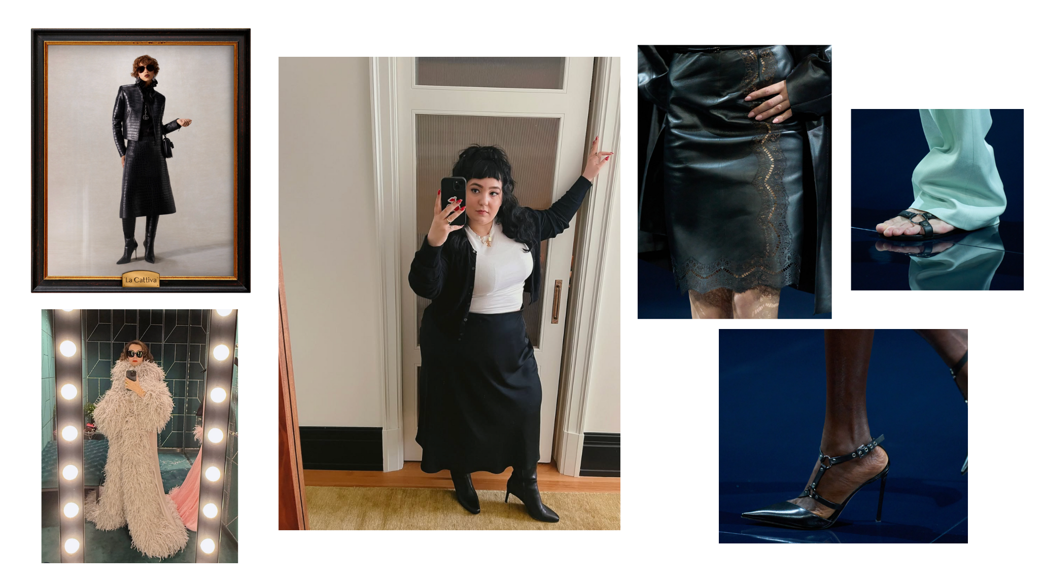 Fashion styling featuring Dolce Vita Emmi extra wide calf boots, plus size alternative fashion, Tom Ford Spring 2026 harness shoes runway detail, Gucci feather gown by Demna, and leather skirt styling