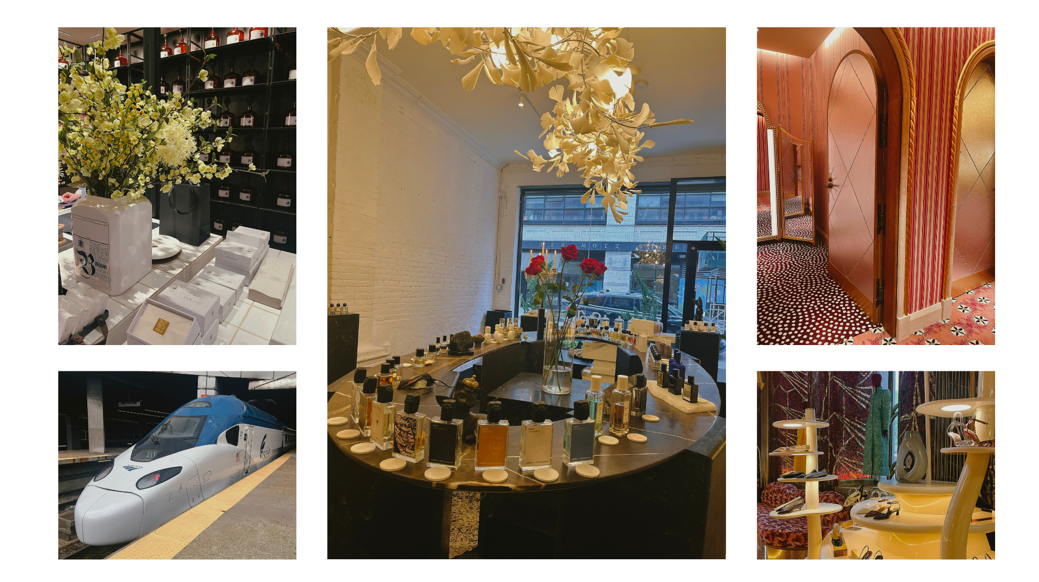 New York City fragrance boutique tour including The Maker perfumery, Stéle luxury fragrance store interior with golden lighting, Printemps department store, and Amtrak Acela high-speed train first class