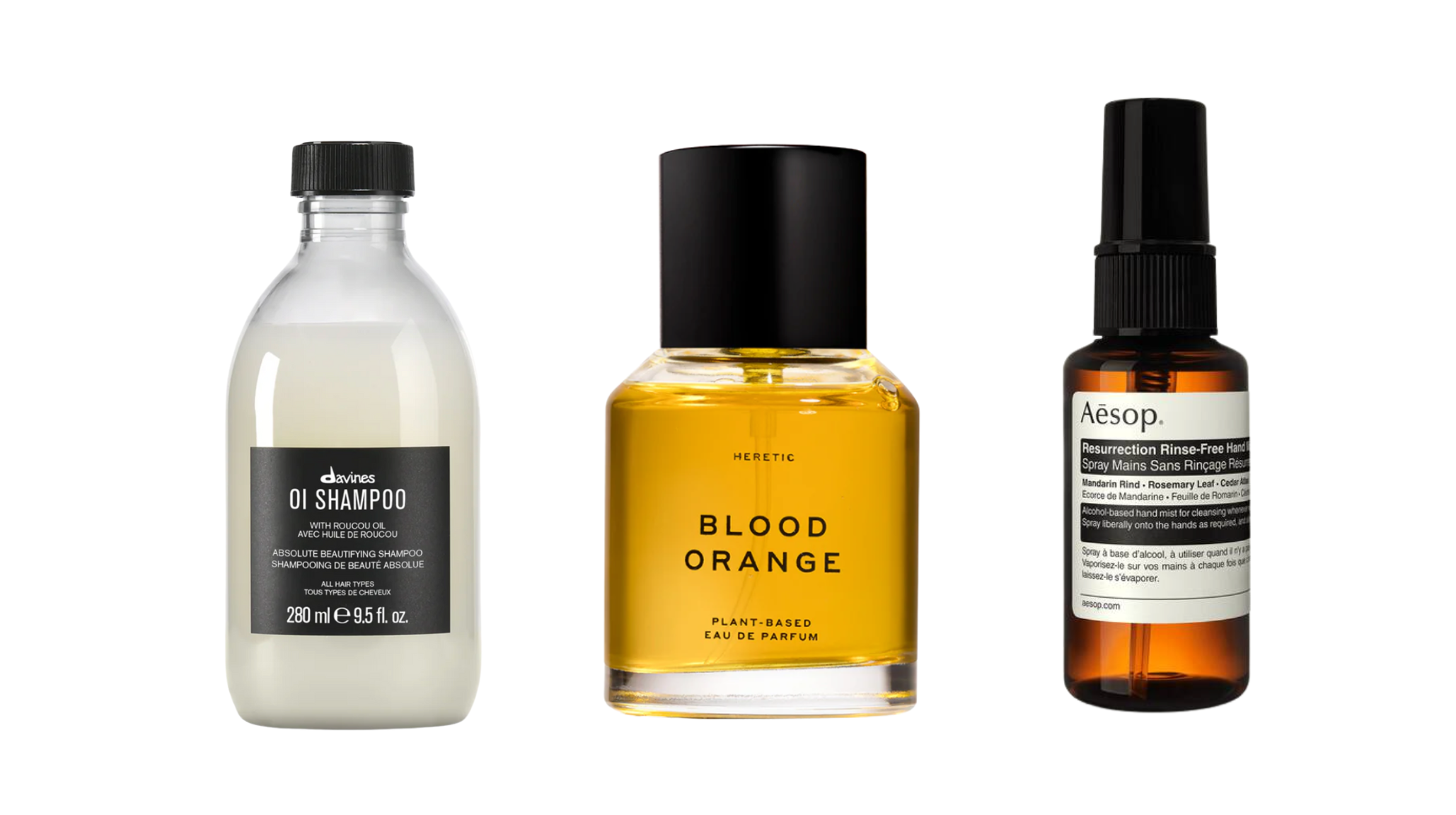 Davines Oi Shampoo, Heretic Blood Orange eau de parfum, and Aesop Resurrection Rinse-Free Hand Spray luxury beauty products