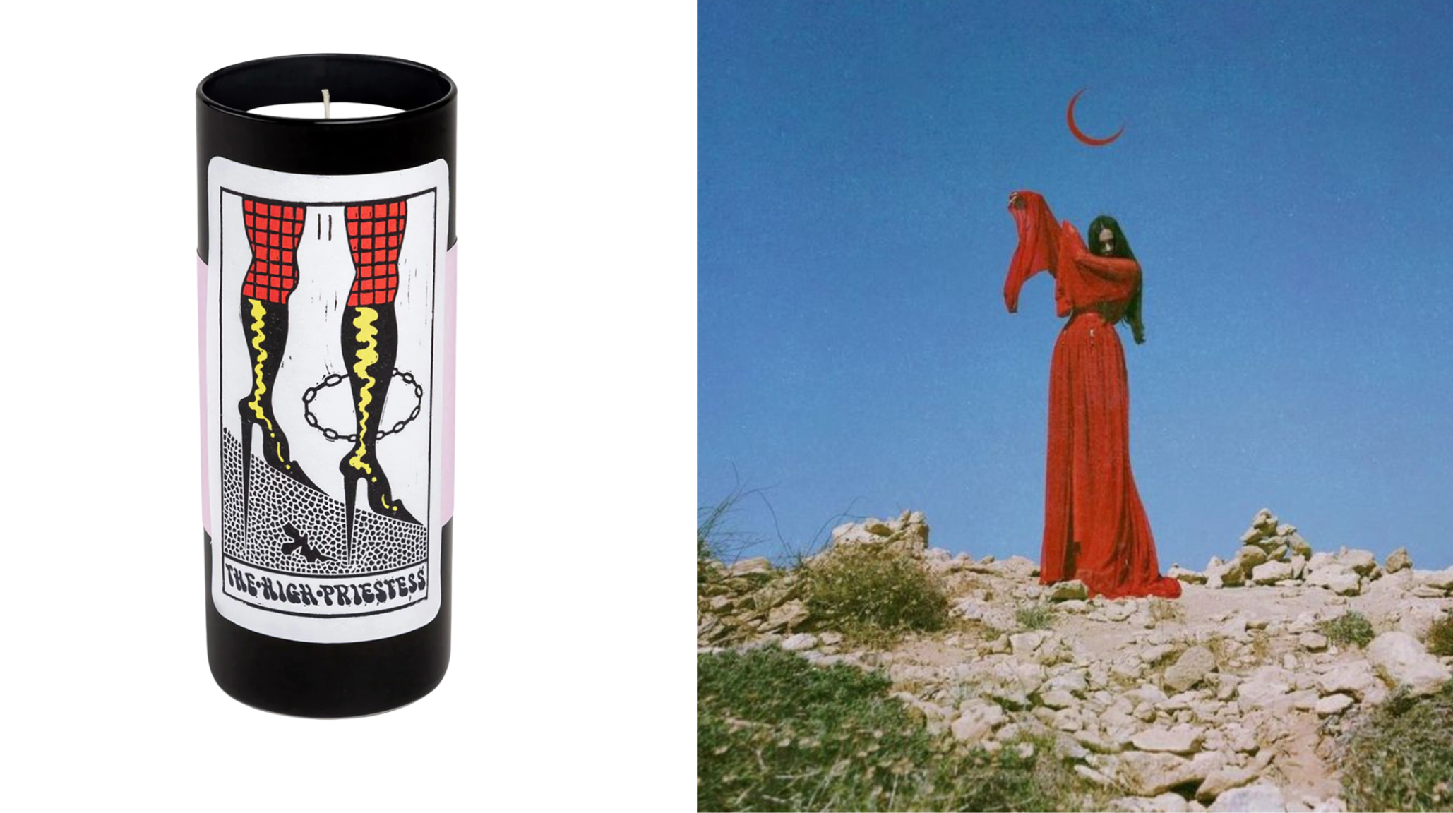 High Priestess tarot card candle by 54 Celsius with black vessel and illustrated label next to figure in red cloak under crescent moon