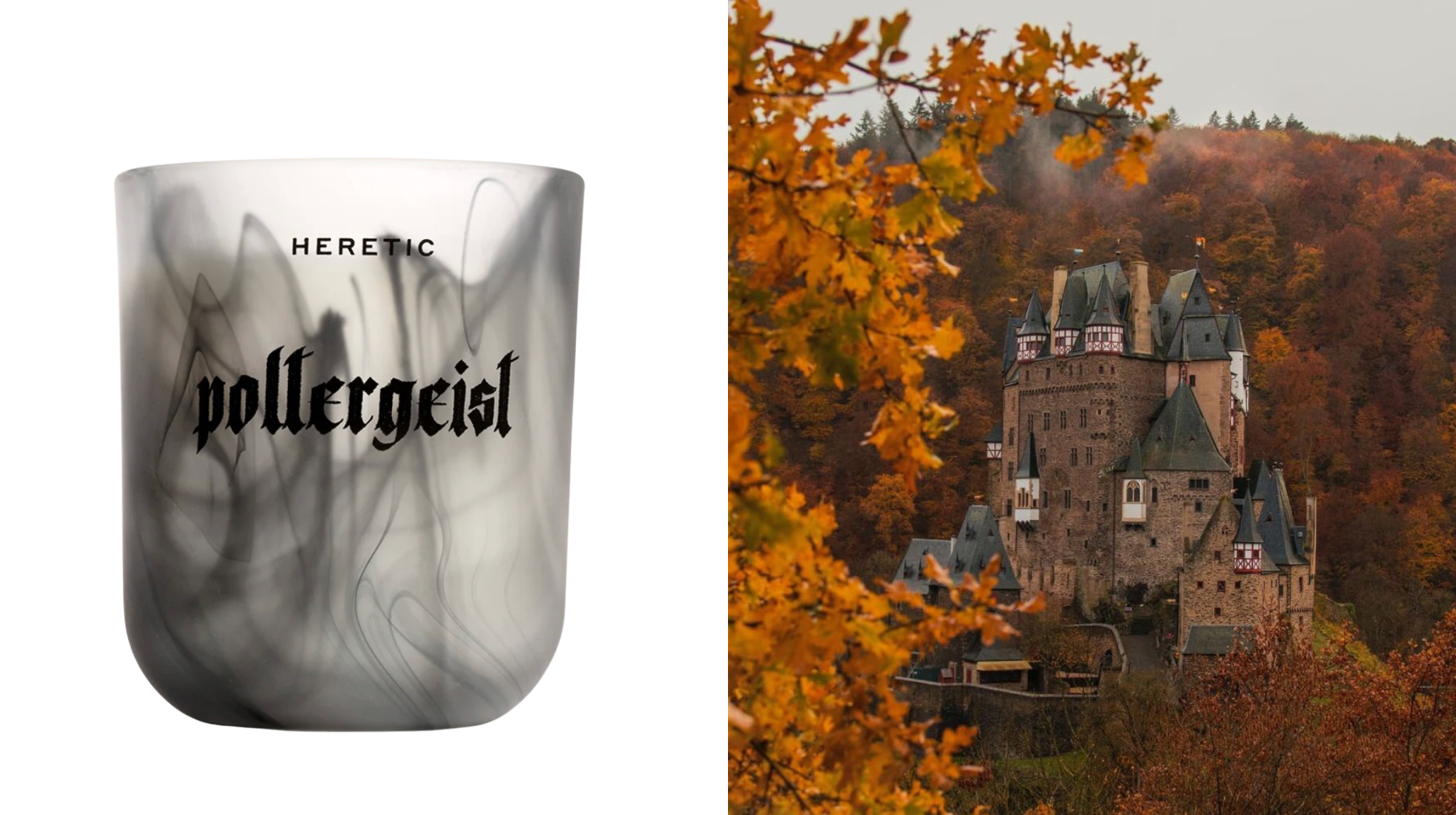 Poltergeist candle by Heretic with smoky gray marbled vessel next to misty autumn castle in forest