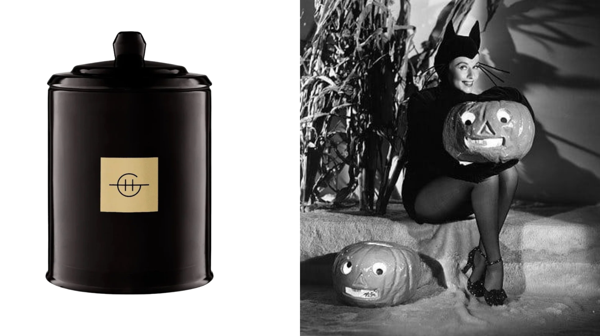 Glasshouse Sugar Coated Pumpkin Spiced Cake candle in sleek black container next to vintage Halloween pin-up with jack-o-lanterns