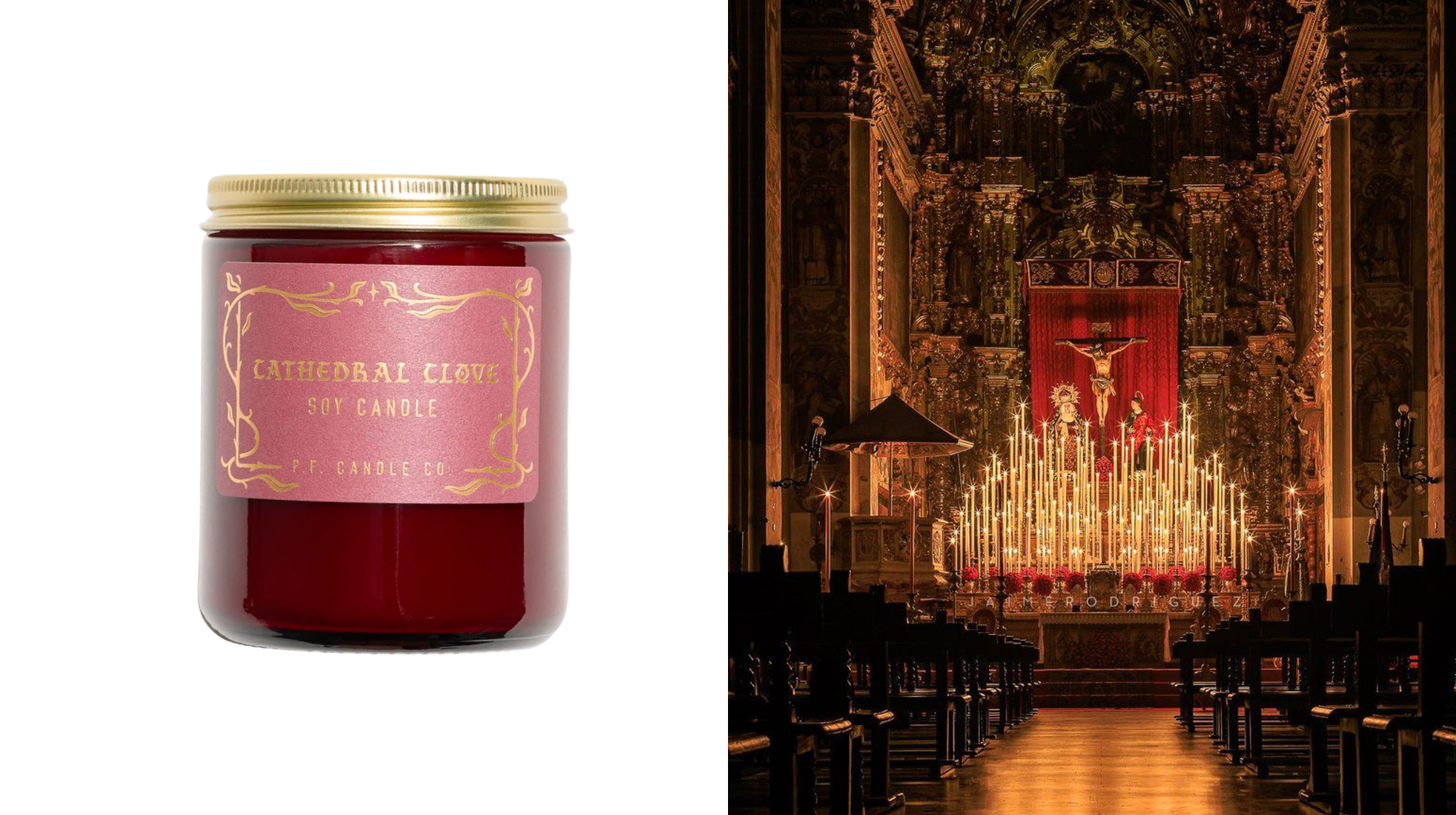 Cathedral Clove candle by P.F. Candle Co. in red glass jar with gold label beside ornate Catholic cathedral interior with candles