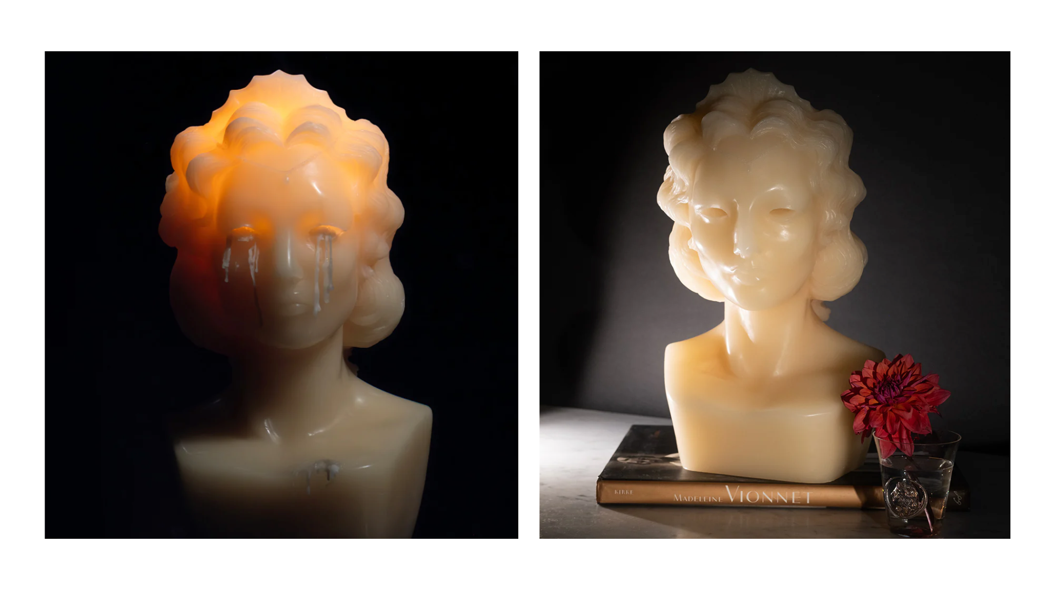 Heretic Weeping Bust sculptural candle showing wax melting from eyes creating dramatic crying effect styled on books