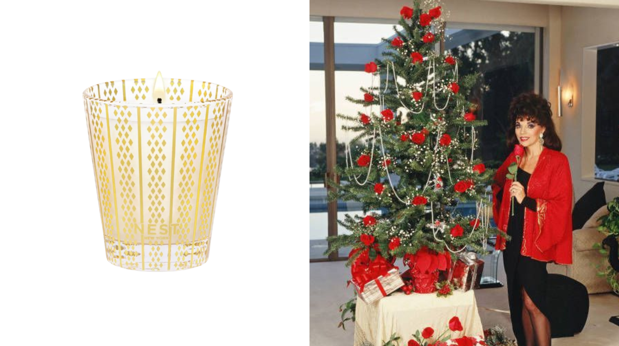 Nest Holiday luxury candle with gold lattice design beside elegant vintage Christmas tree