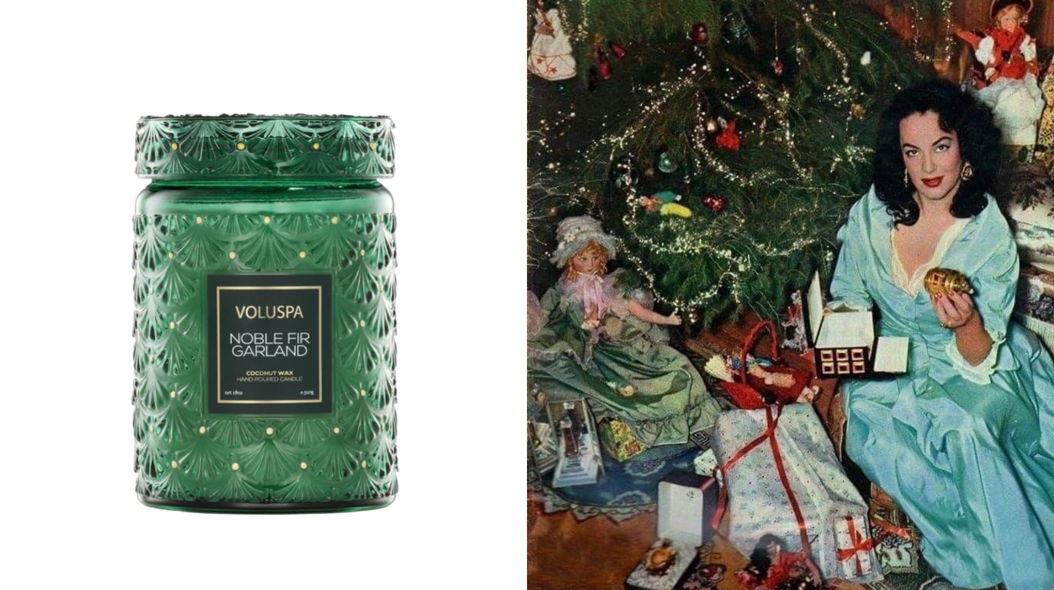 Voluspa Noble Fir Garland candle with art deco glass design and vintage Christmas tree