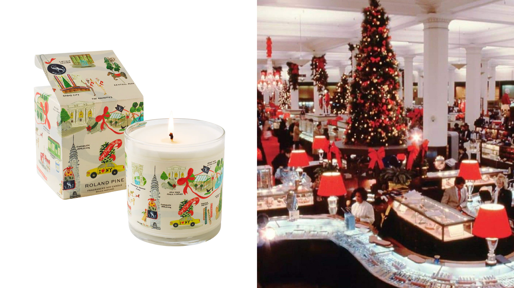 Soap and Paper Factory Roland Pine candle with New York City holiday landmarks packaging