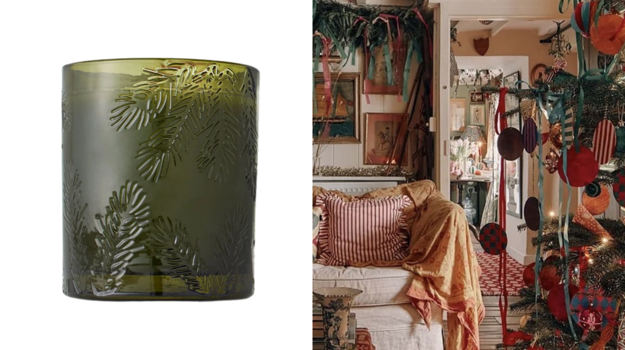 Thymes Frasier Fir pine candle with embossed glass beside vintage Christmas living room decor