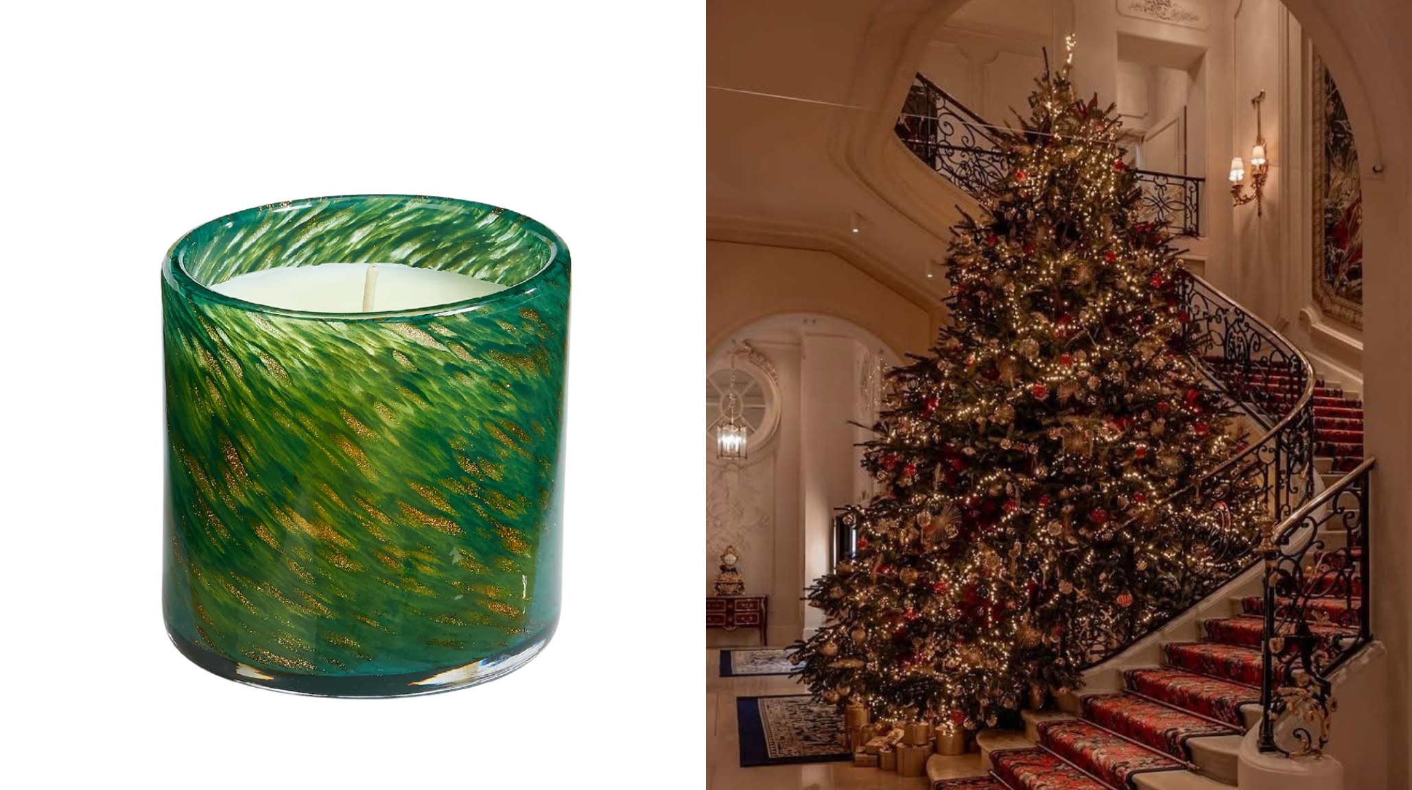 Lafco Woodland Spruce pine candle in hand-blown glass vessel next to luxury hotel Christmas tree