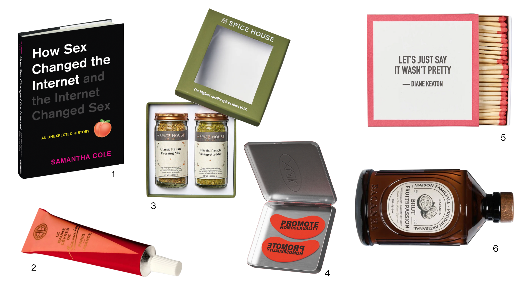 Holiday gifts under $25 including How Sex Changed the Internet book, Bienaime lip balm, Diane Keaton matchbook, Spice House duo set, Bacanha passion fruit syrup, and Duex eyepatches