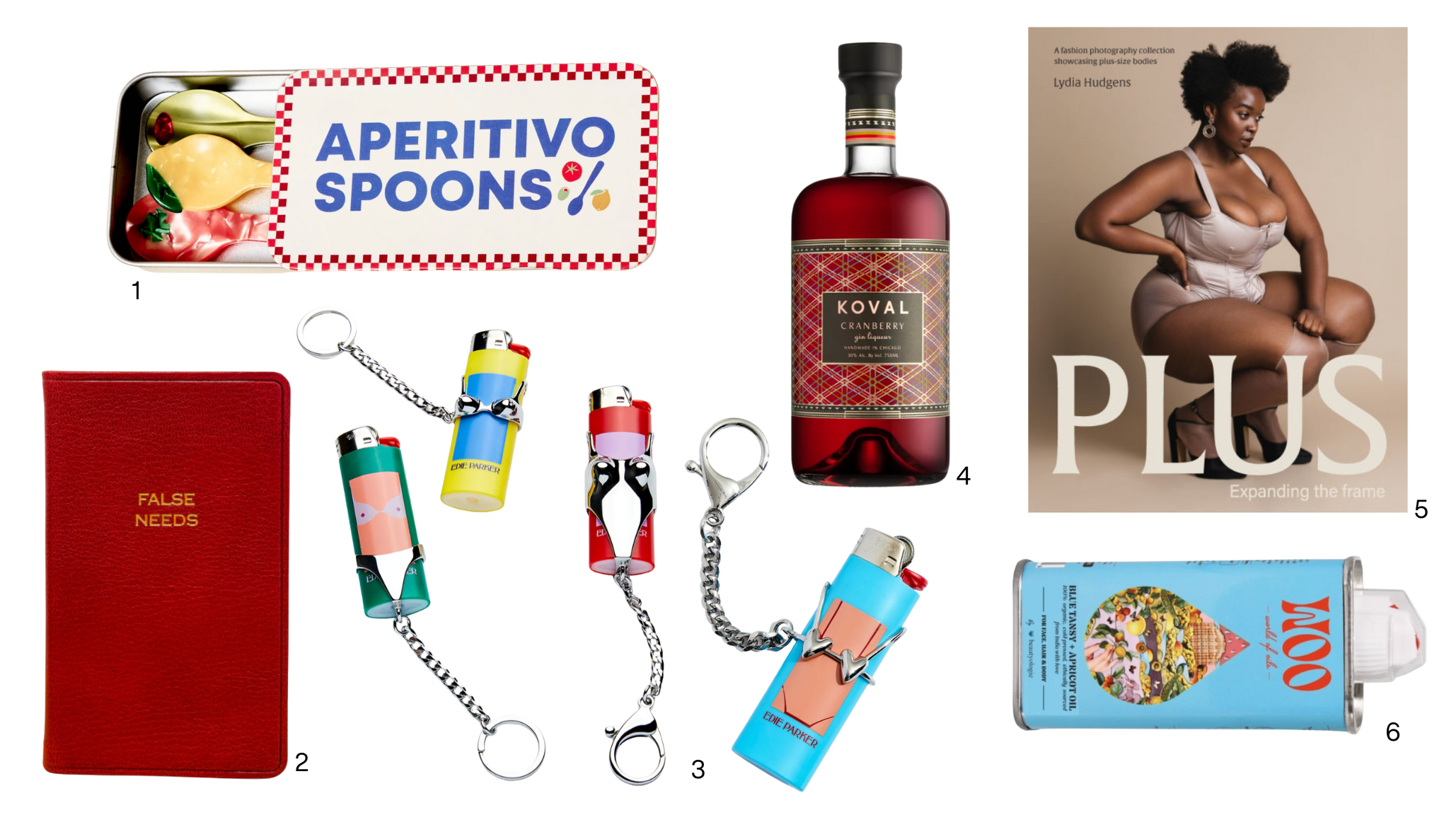 Holiday gift ideas under $50 featuring Aperitivo spoons, False Needs notebook, Edie Parker lighter covers, Koval cranberry gin, Plus Expanding the Frame coffee table book, and Woo World of Oils