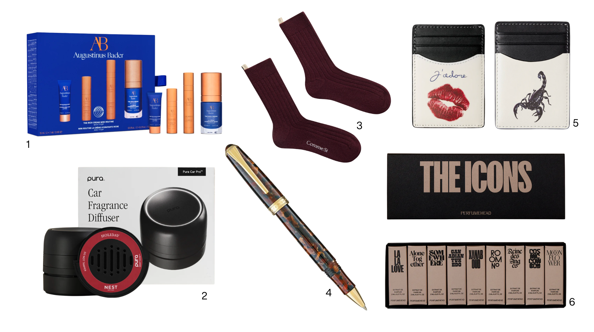 Holiday gifts under $100 including Augustinus Bader skincare kit, Pura car fragrance diffuser, Comme Si cashmere socks, Duke + Dexter kiss card holders, Levenger custom pen, and Perfumehead Icons discovery set