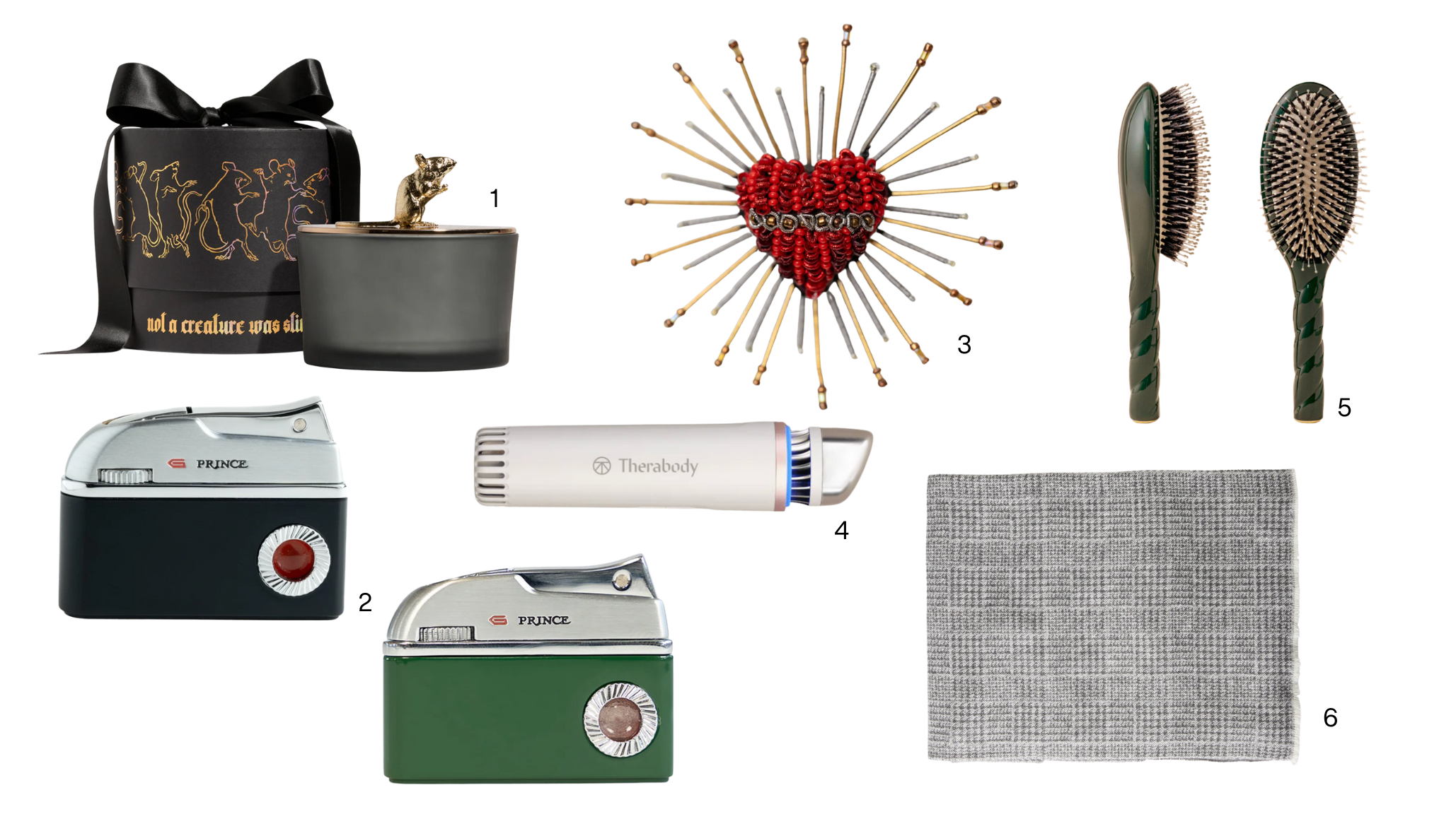 oliday gift guide under $250 with Heretic holiday candle, Prince x Top Drawer dolphin lighter, Hudson Grace houndstooth throw, Theraface depuffing wand, sacred heart needled pin, and La Bonne Brosse brush