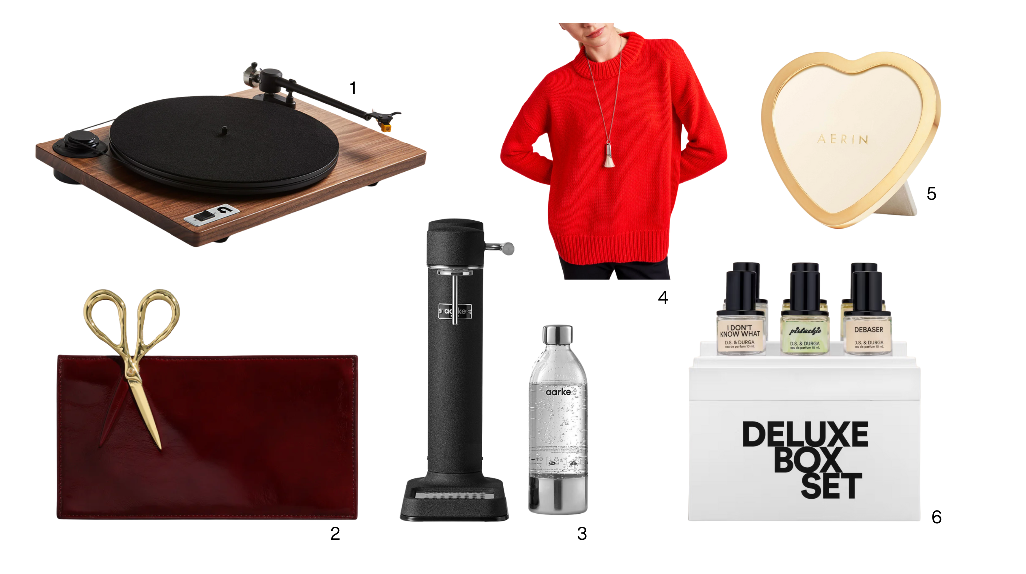 uxury holiday gifts over $250 featuring U-Turn Orbit record player, Alexis Bittar clutch, Stagg kettle, La'Lagune red cashmere sweater, Aerin heart picture frame, and DS & Durga deluxe fragrance box set