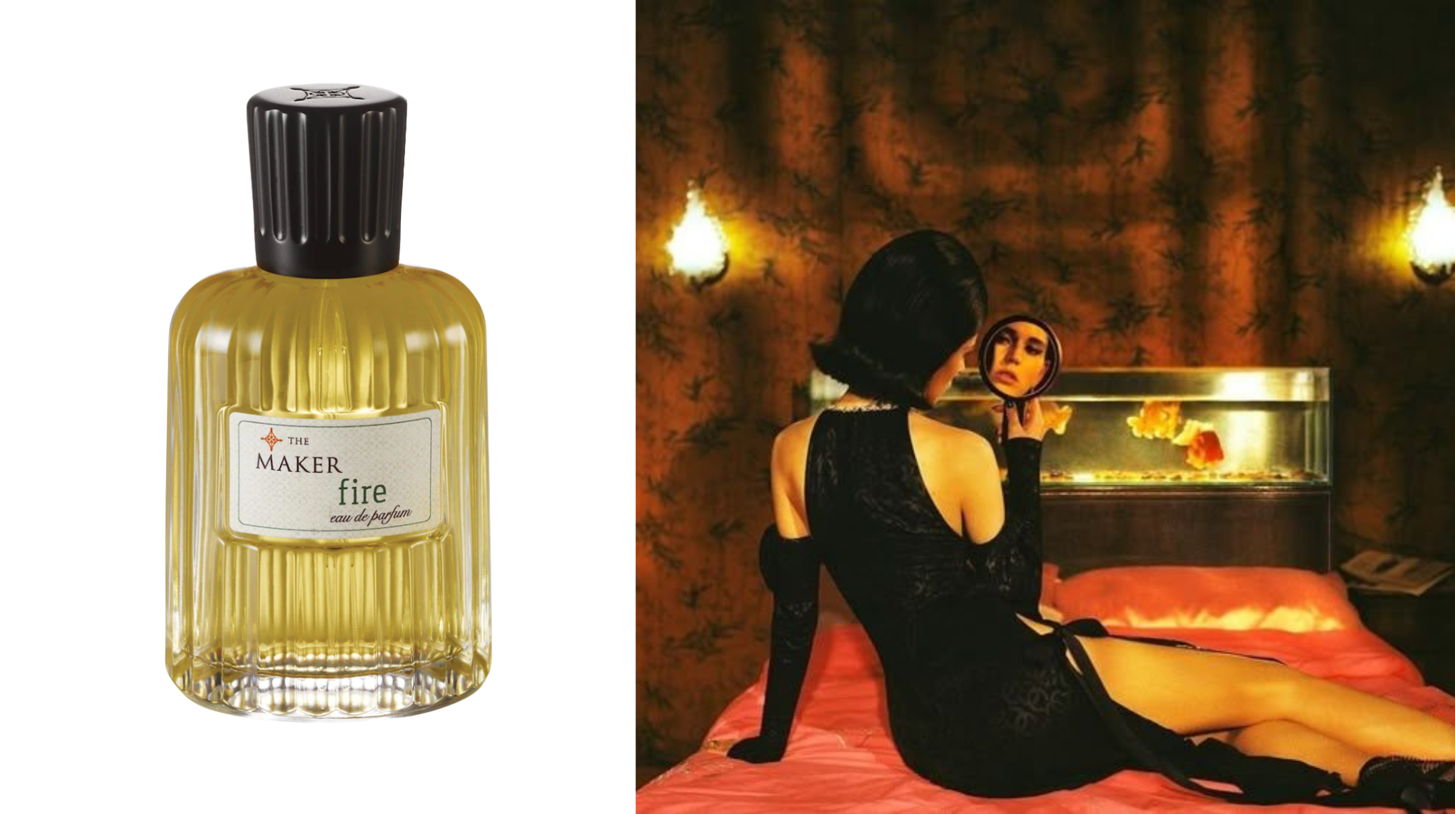Fire by The Maker eau de parfum with vintage hotel lobby fireplace aesthetic - woody boozy vanilla sensual fragrance