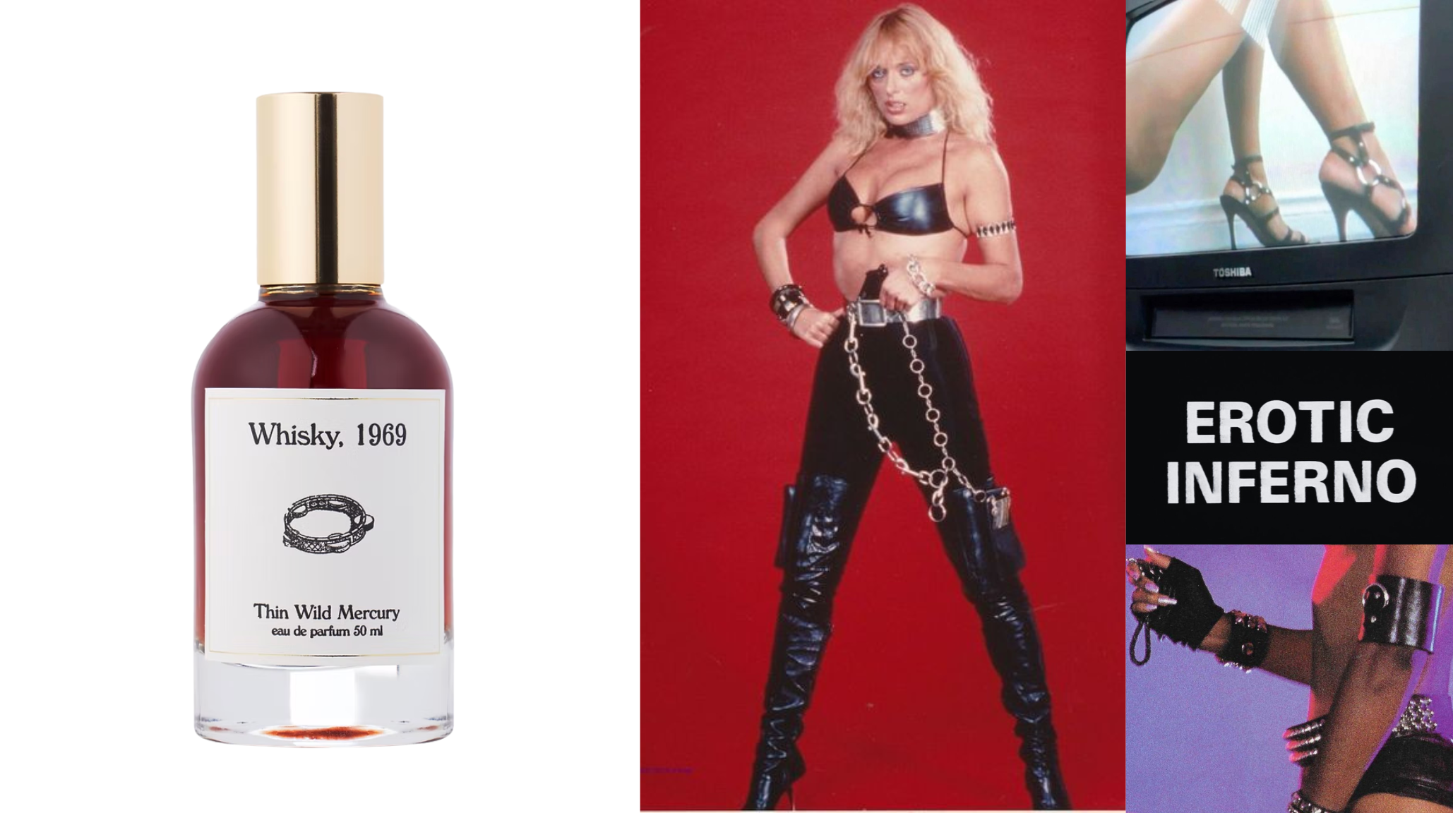 Whiskey 1969 by Thin Wild Mercury perfume with rock and roll aesthetic mood board - raspberry bourbon amber edgy sensual fragrance