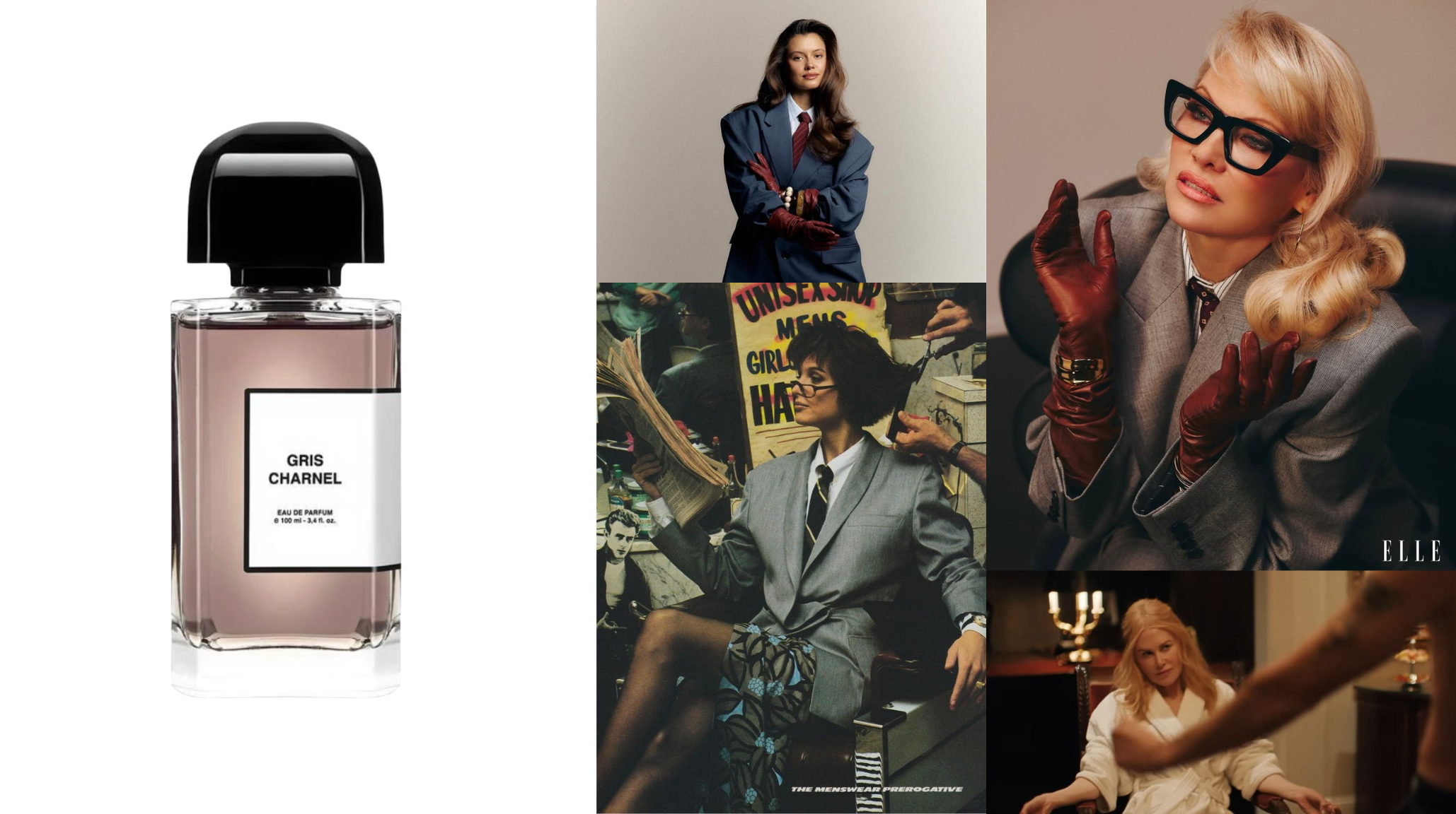 Gris Charnel by BDK Parfums with power woman CEO aesthetic mood board - fig black tea iris sensual fragrance