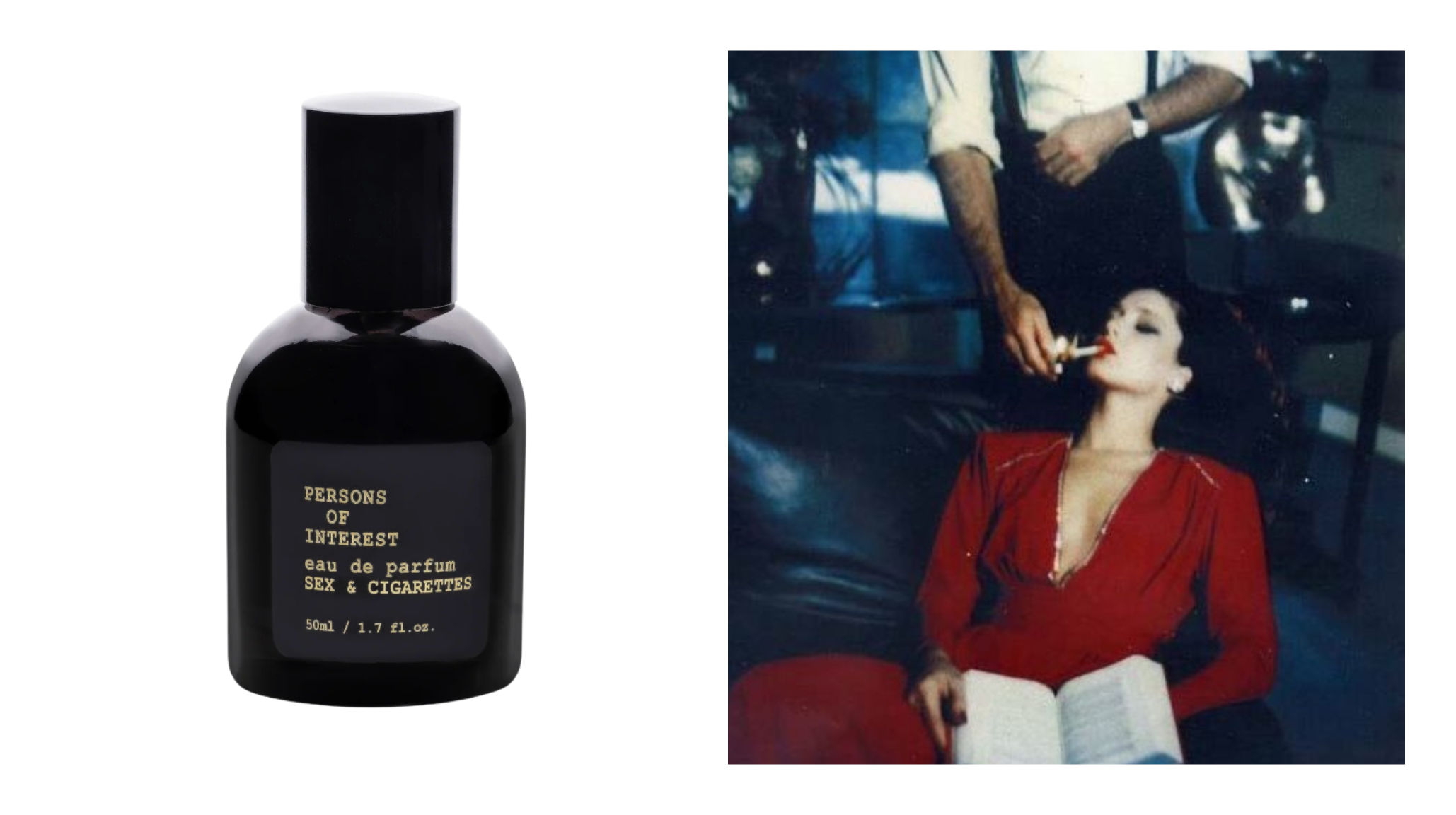 Sex and Cigarettes eau de parfum by Persons of Interest with vintage 1980s nightlife imagery representing seductive tobacco fragrance