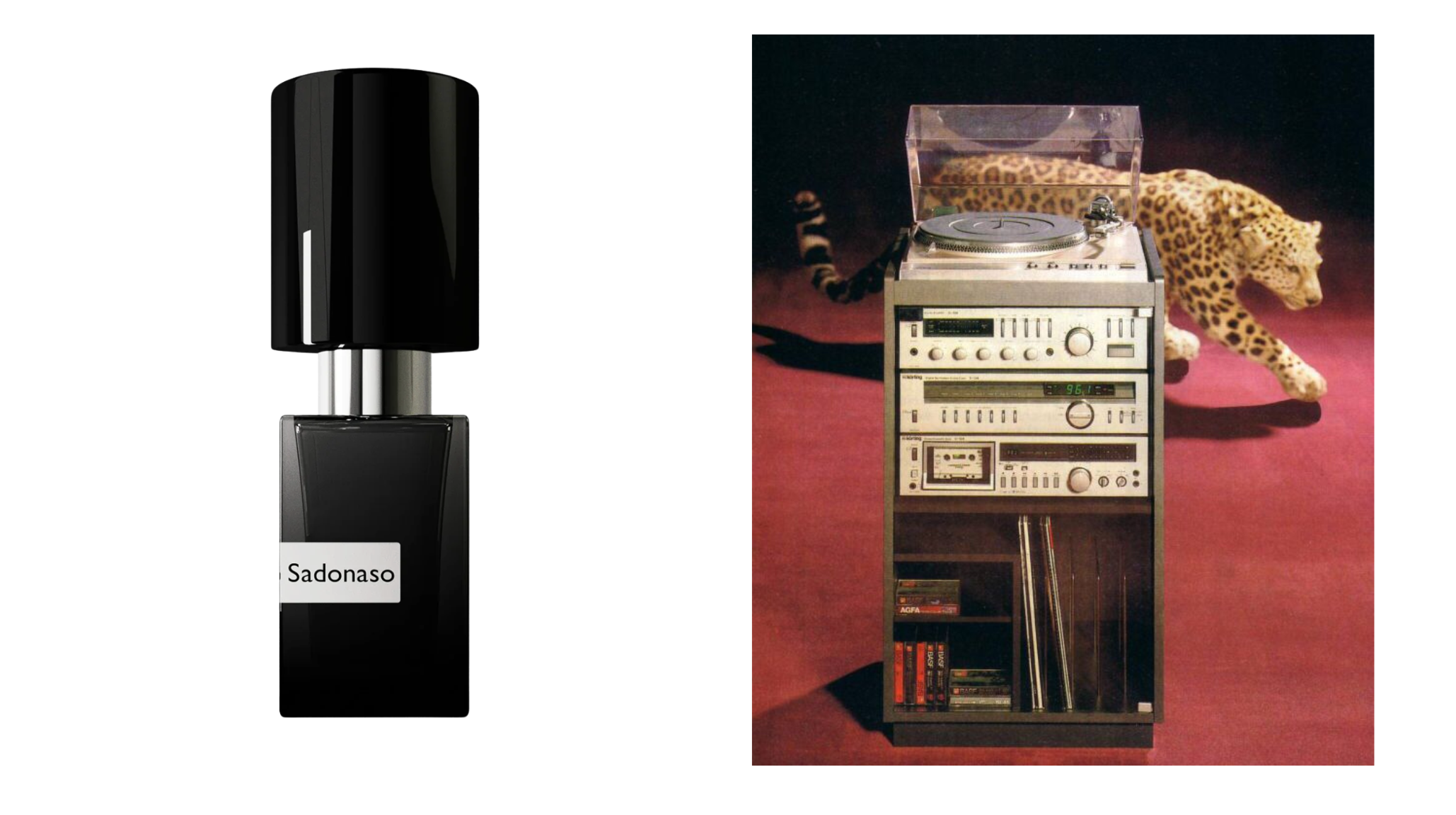 Sadonaso by Nasomatto black bottle perfume with vintage stereo and leopard print representing feral animalic vanilla fragrance