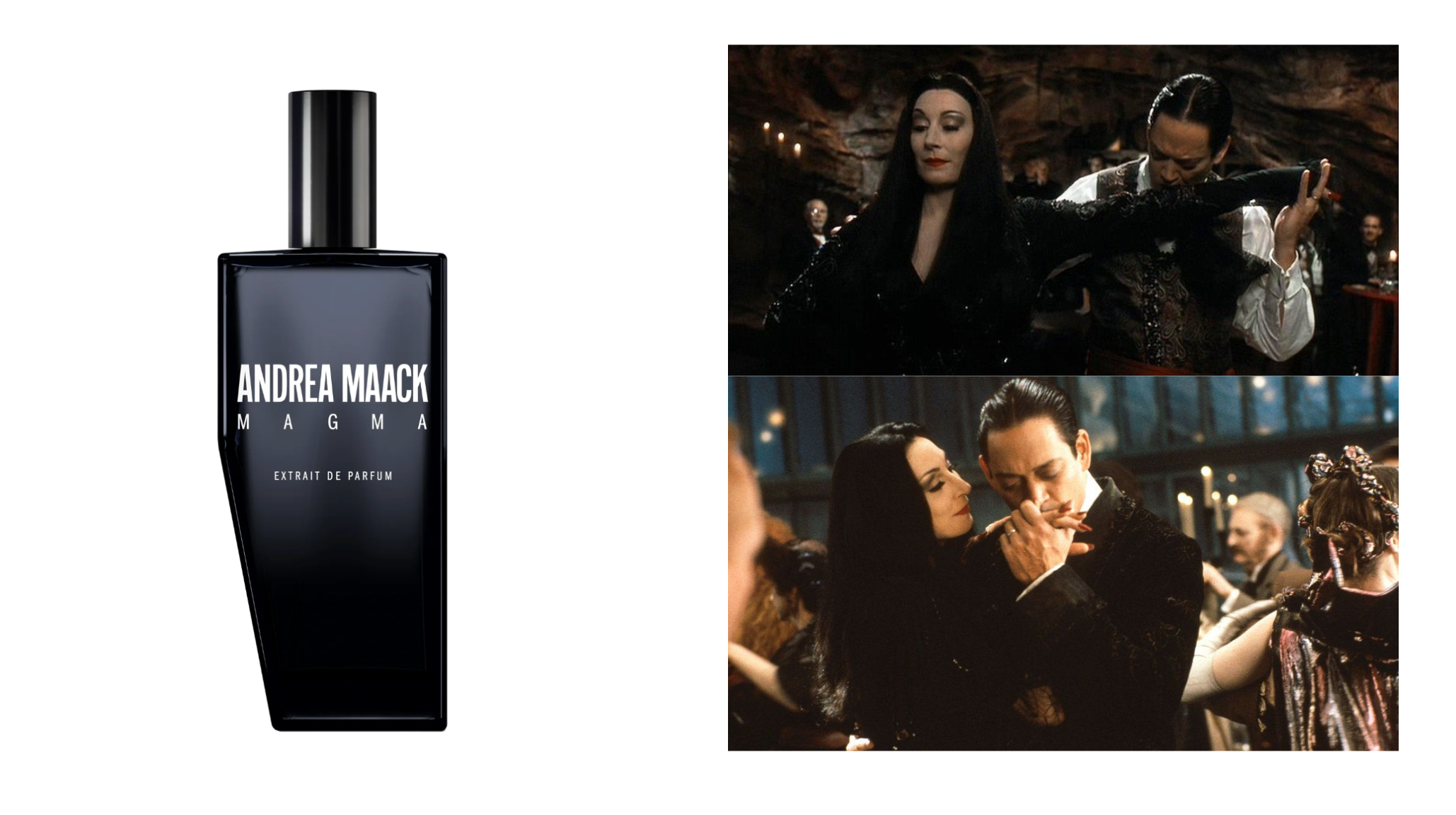 MAGMA extrait de parfum by Andrea Maack with Addams Family tango scene representing intimate spicy rose myrrh fragrance