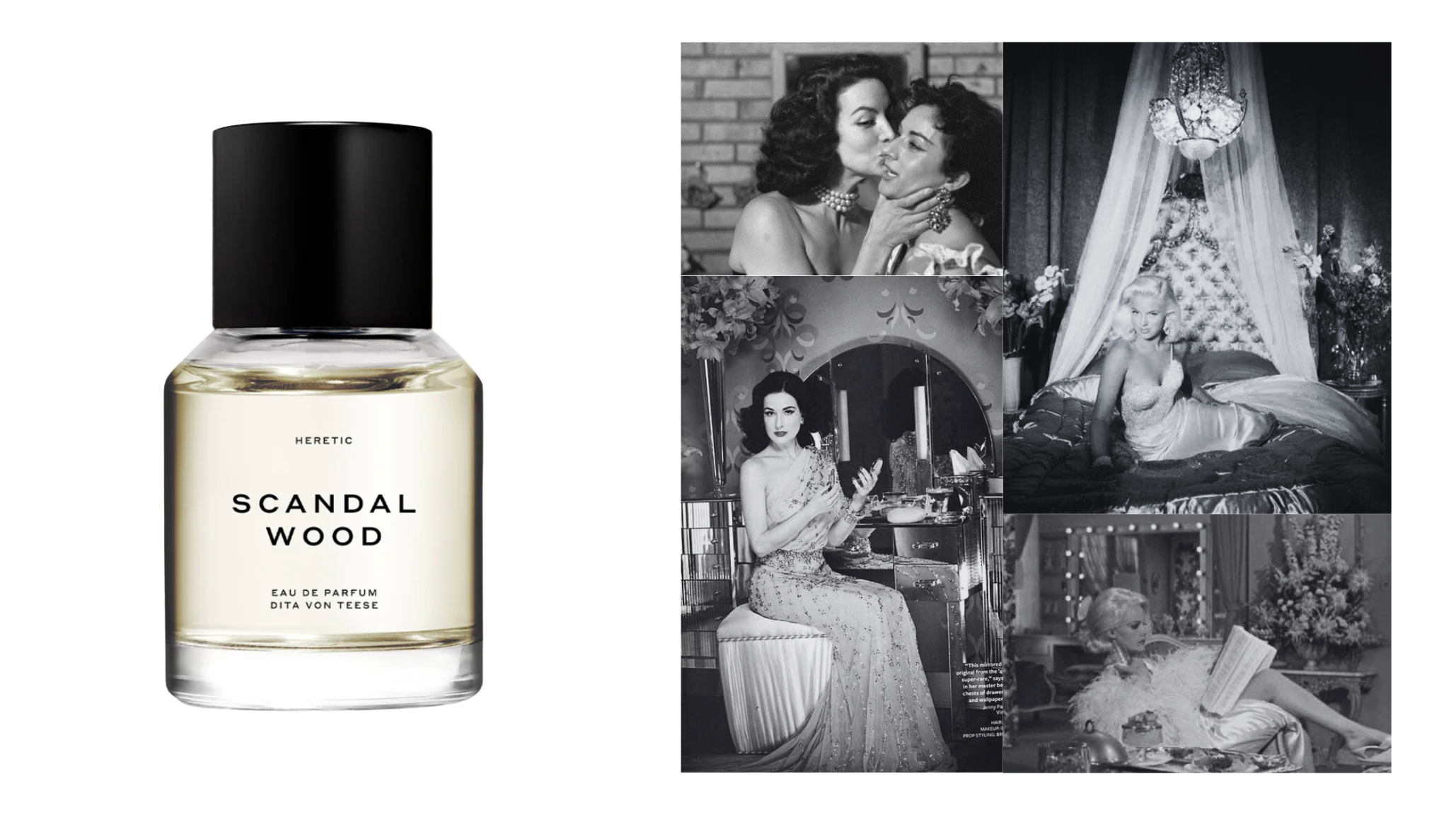 Scandalwood eau de parfum by Heretic Dita Von Teese collaboration with vintage Hollywood glamour imagery representing femme sandalwood fragrance