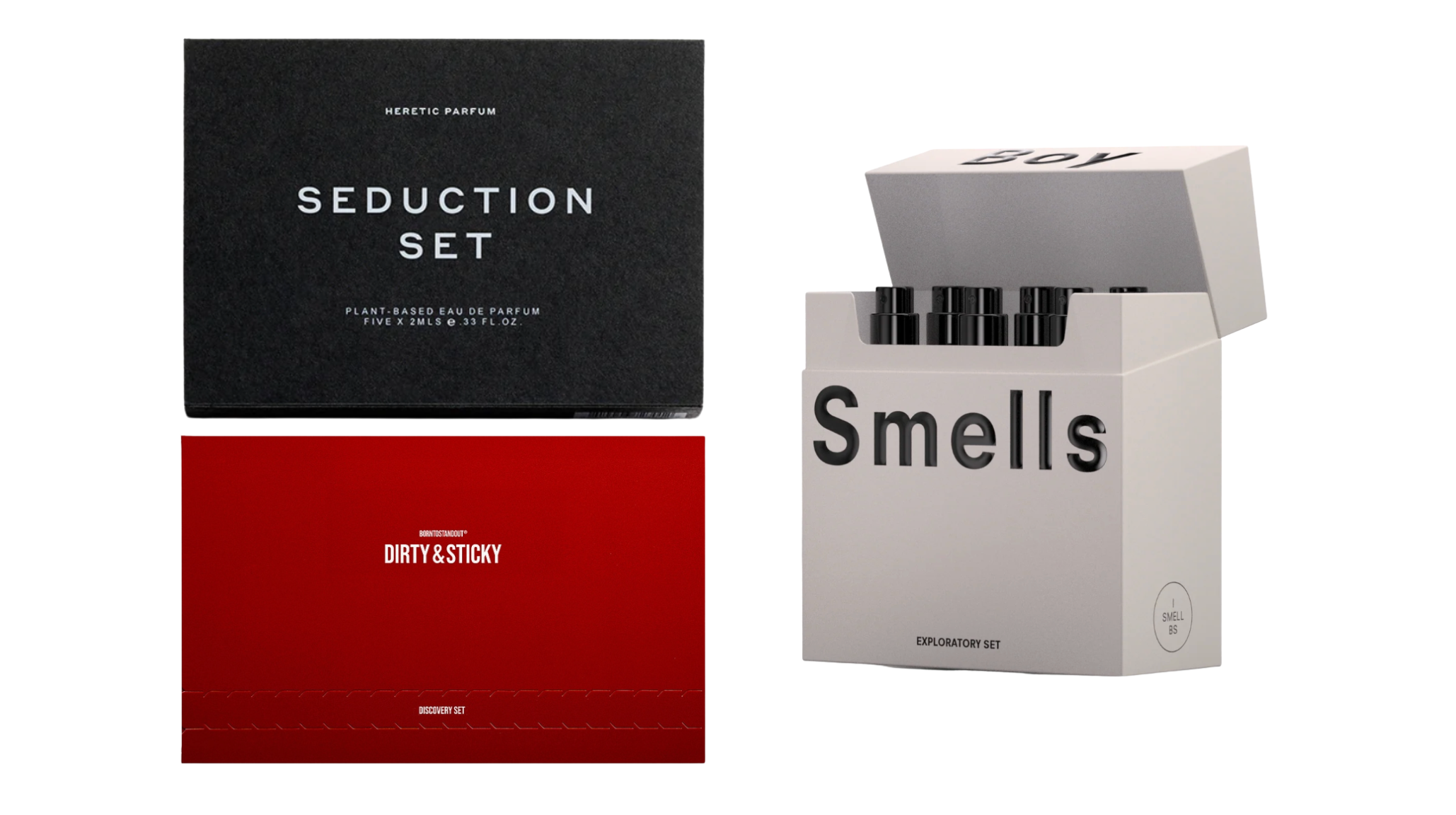 Best horny perfume discovery sets including Heretic Seduction Set, Born To Stand Out Dirty and Sticky, and Boy Smells Exploratory Set for trying sensual niche fragrances