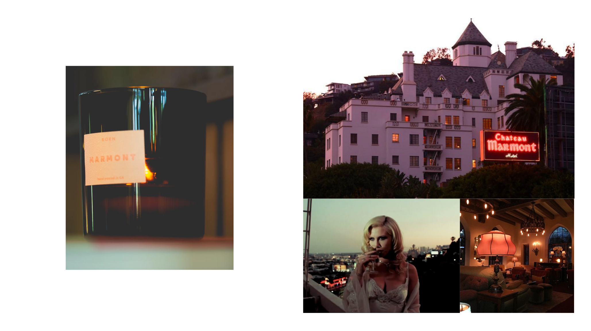Roen Le Grand Marmont scented candle in dark glass vessel alongside a moodboard of the Chateau Marmont hotel at dusk, a glamorous woman sipping a cocktail on a rooftop, and a warmly lit hotel lounge — best candles for spring 2026