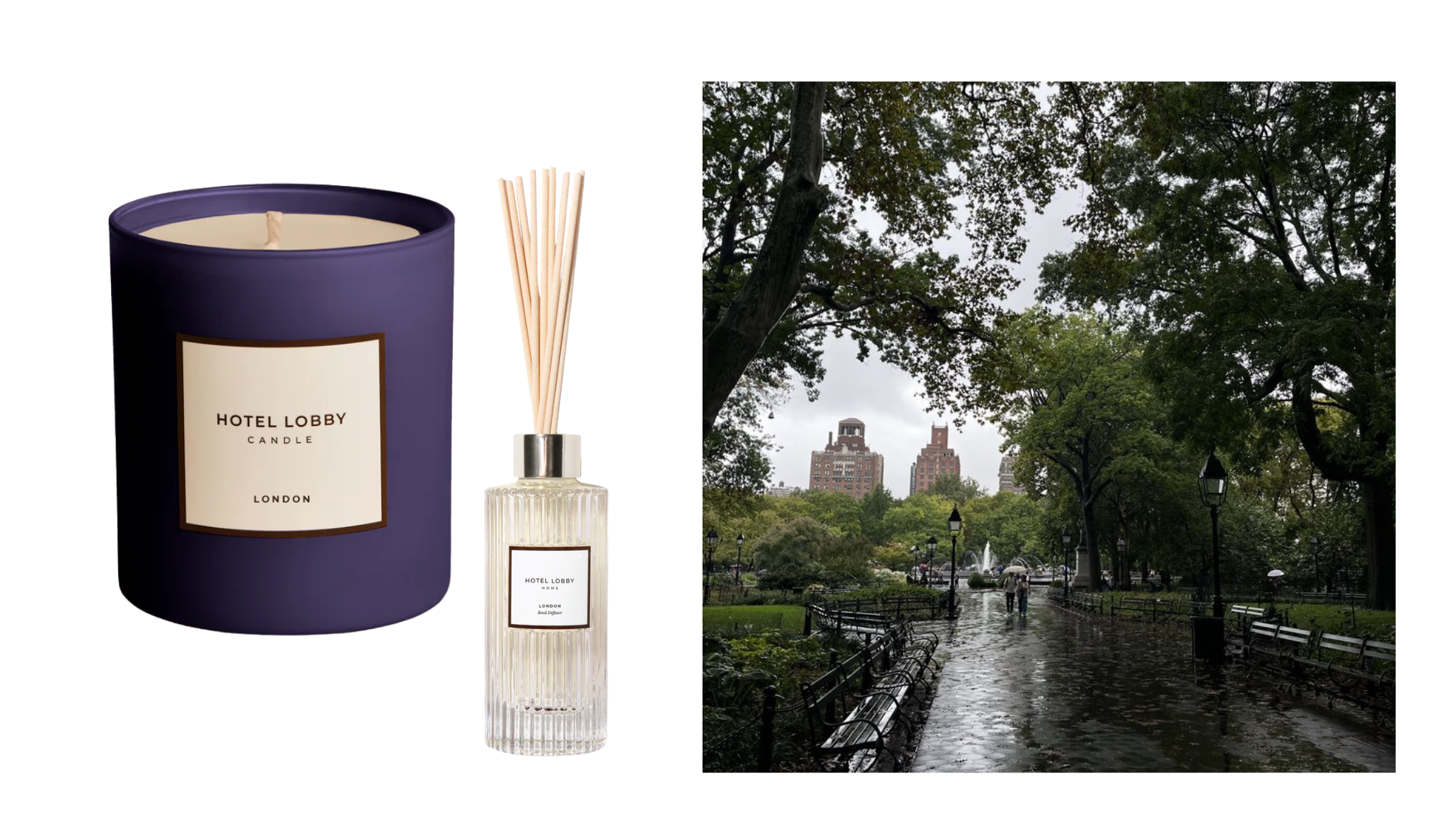 Hotel Lobby Candle London in a navy vessel with matching reed diffuser alongside a moody rainy park pathway lined with green trees — best cozy spring candles 2026