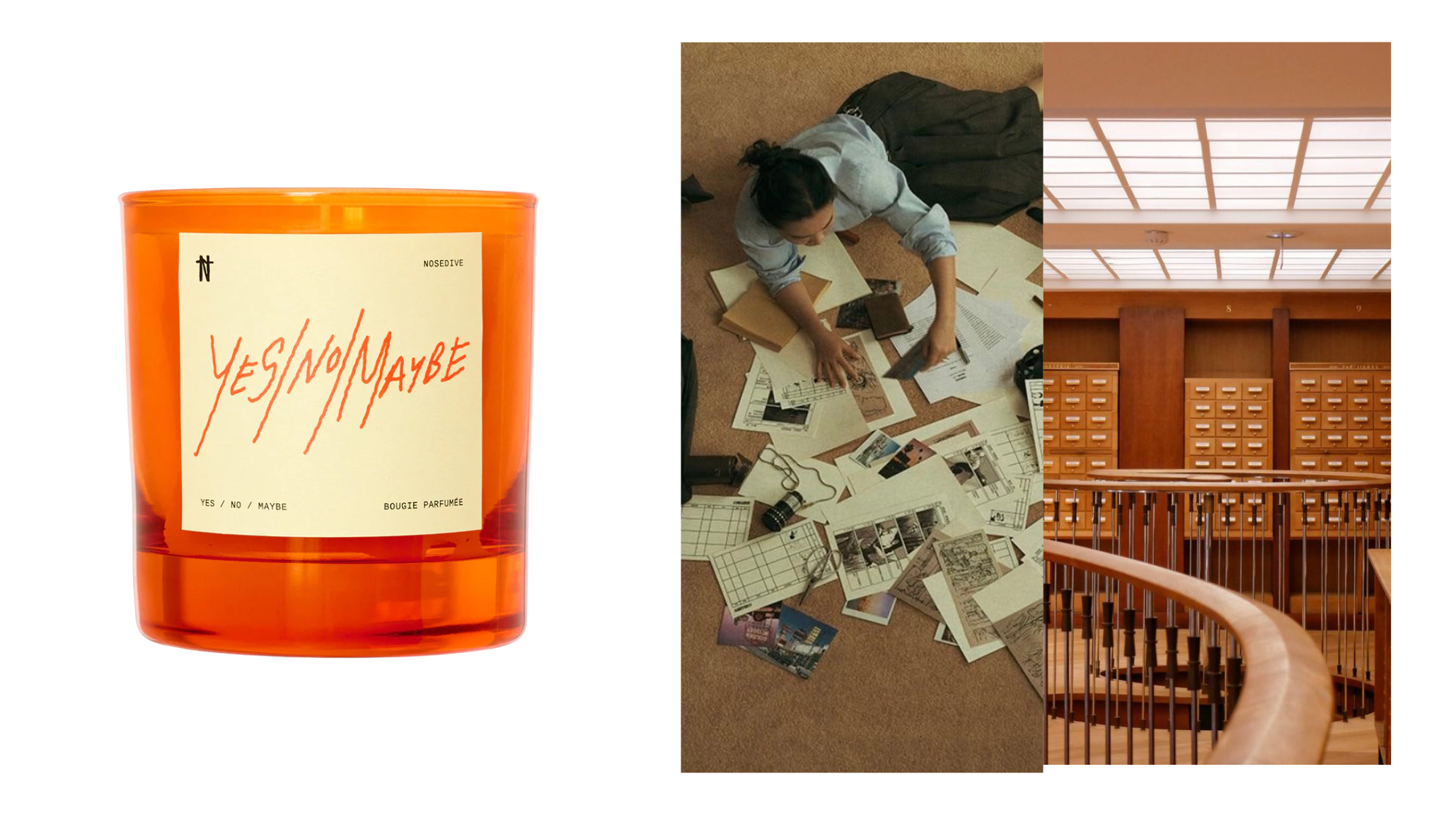 Nosedive Yes No Maybe candle in a bold orange glass vessel next to a moodboard of a person sorting through archive photos on the floor and a vintage library card catalog — woody spring candle picks