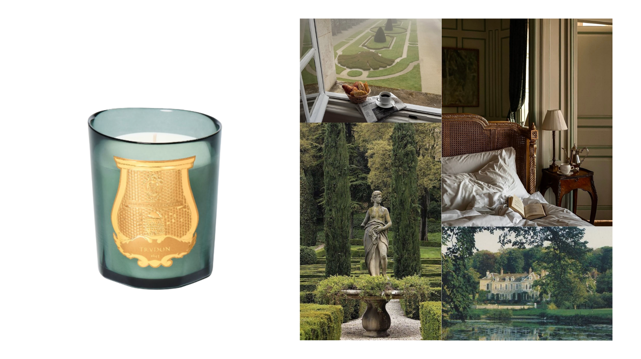 rudon Figuerie candle in sage green glass with gold emblem crest alongside a moodboard of French royal gardens, a stone statue among cypress trees, a chateau estate, and a linen bedroom — luxury spring candles 2026