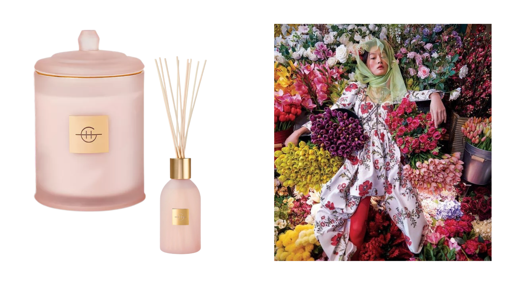 lasshouse Radiance in Bloom candle and reed diffuser in frosted pink vessels next to a high fashion editorial of a model surrounded by an overwhelming bouquet of colorful spring flowers — best floral candles for spring