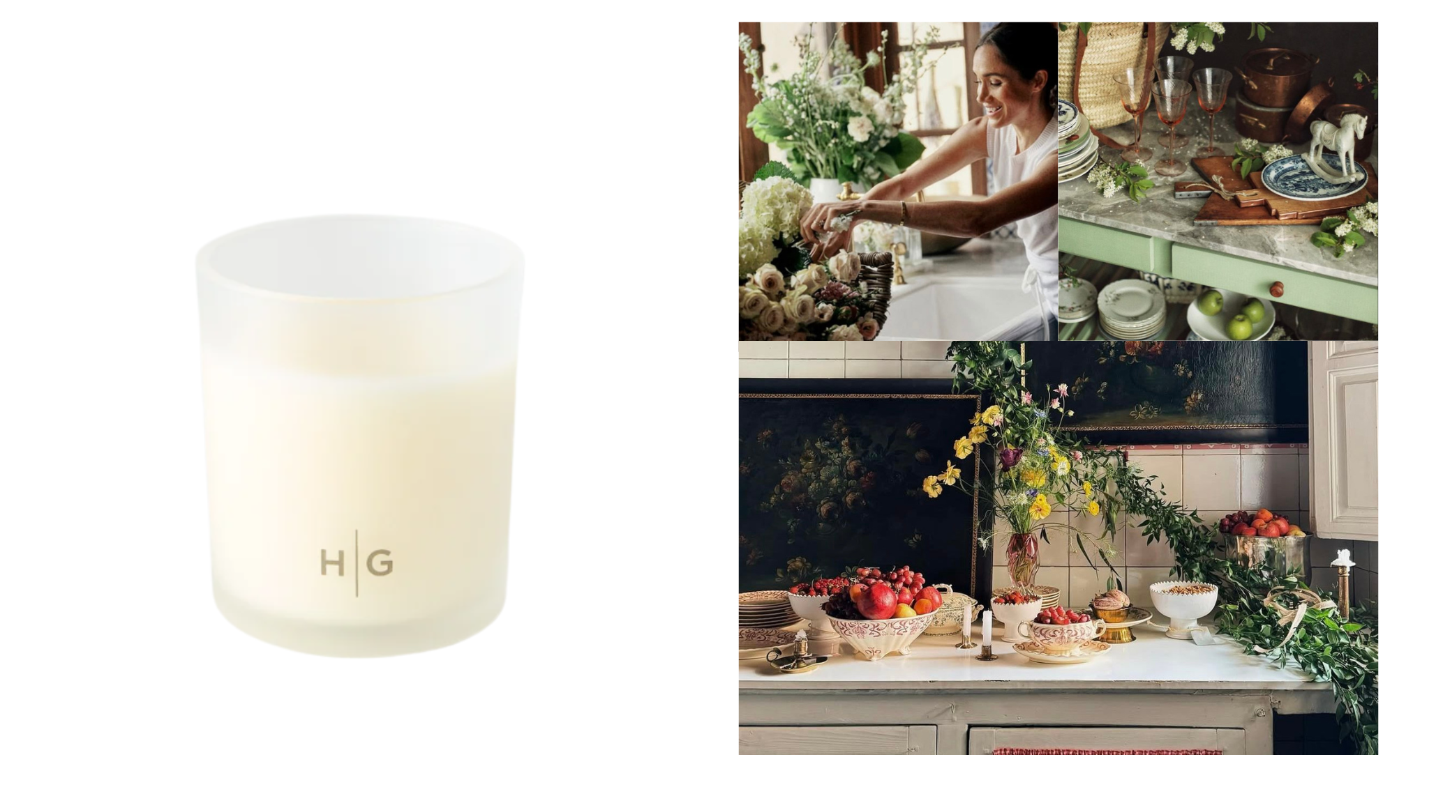Hudson Grace Montecito candle in a minimalist white frosted vessel alongside a lifestyle moodboard of elegant spring tablescapes with wildflowers, fresh produce, and a woman arranging a bouquet — coastal spring candles 2026