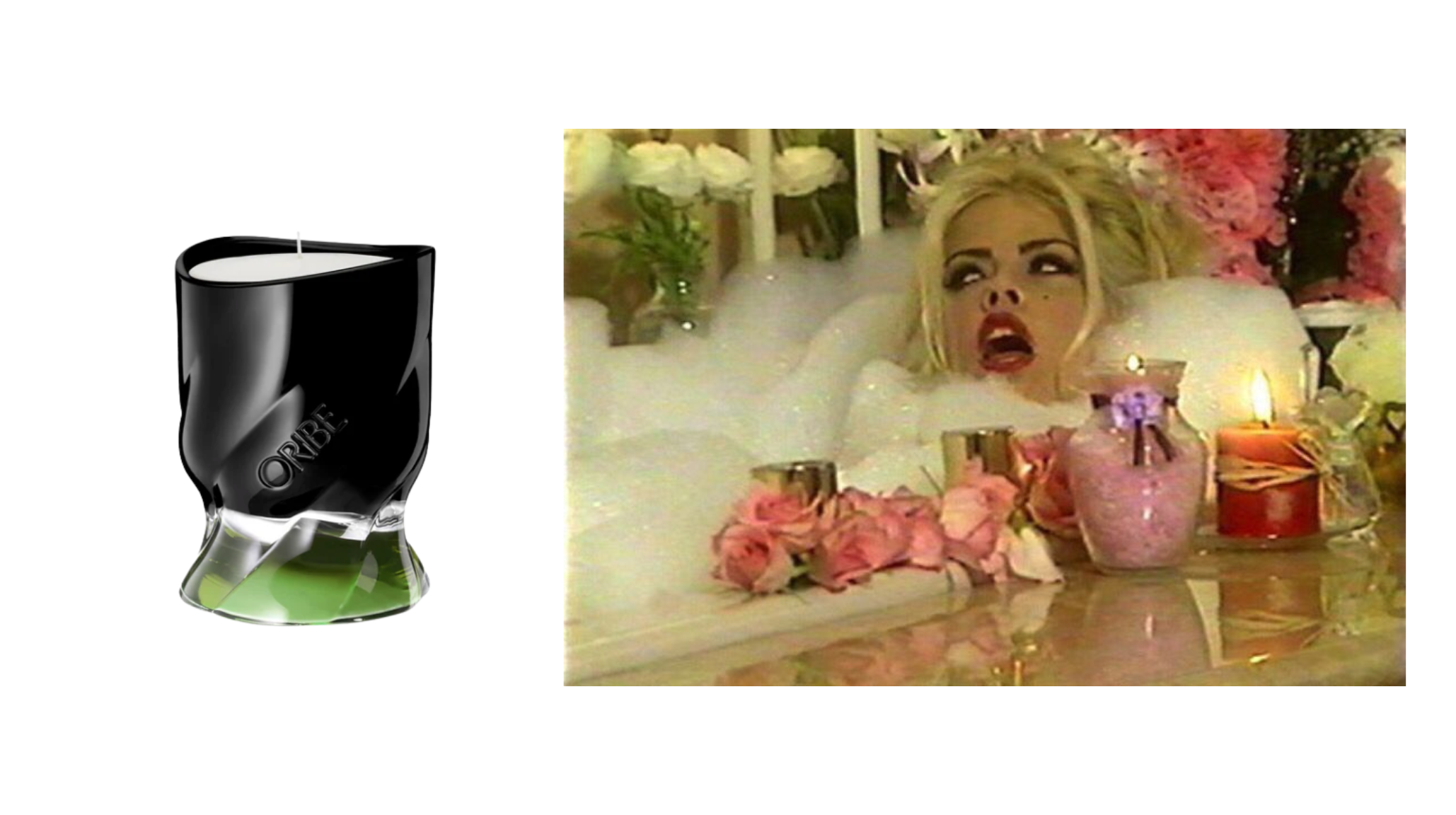 Oribe Desertland candle in a sculptural black vessel next to a retro glam image of a woman lounging in a bubble bath surrounded by candles and roses — best transition candles from spring to summer