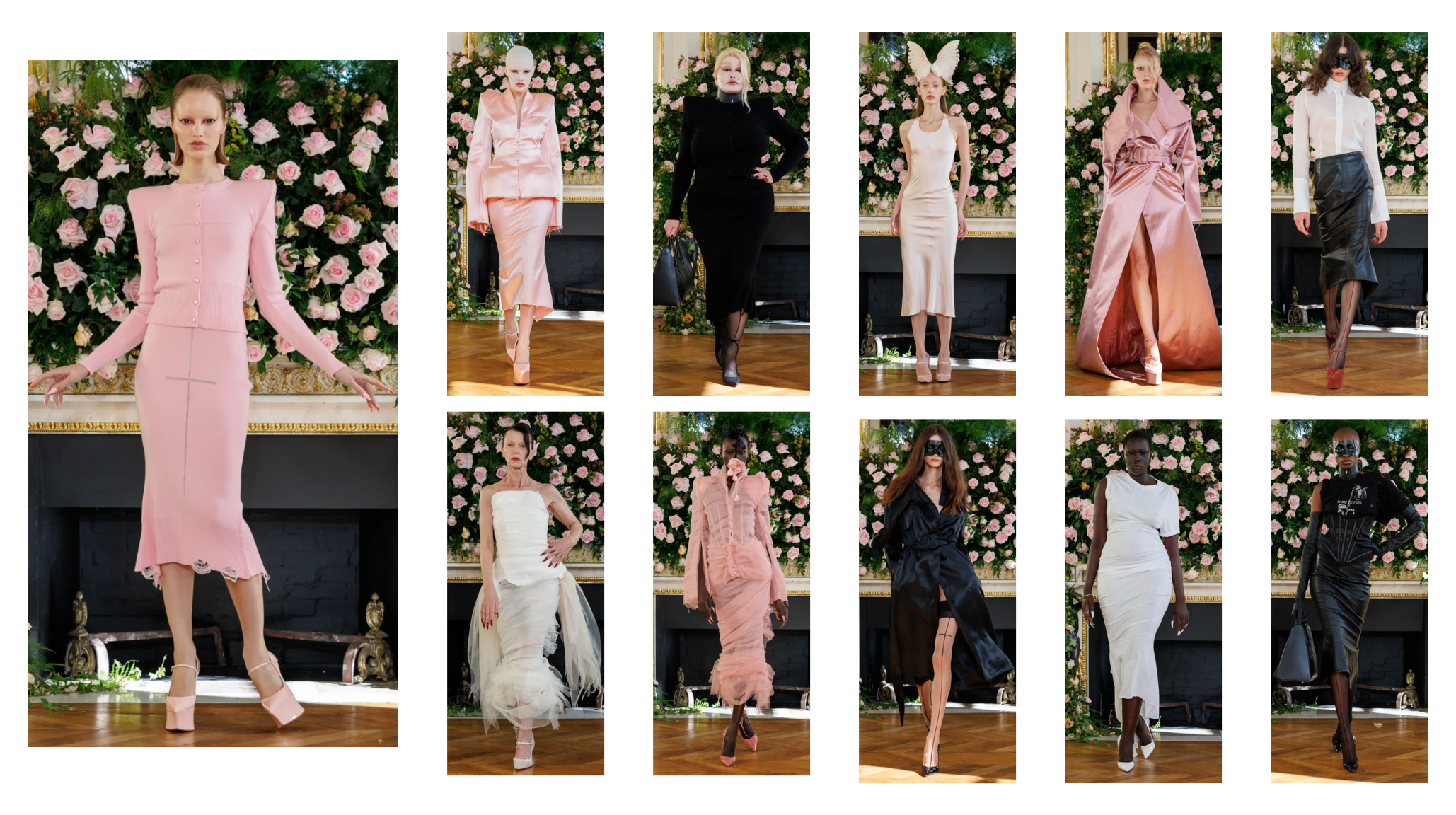 Matières Fécales Spring 2026 Ready-to-Wear runway collage featuring structured hourglass silhouettes, pink cardigan with sharp shoulders, corsets, leather pencil skirts, and dramatic feminine tailoring