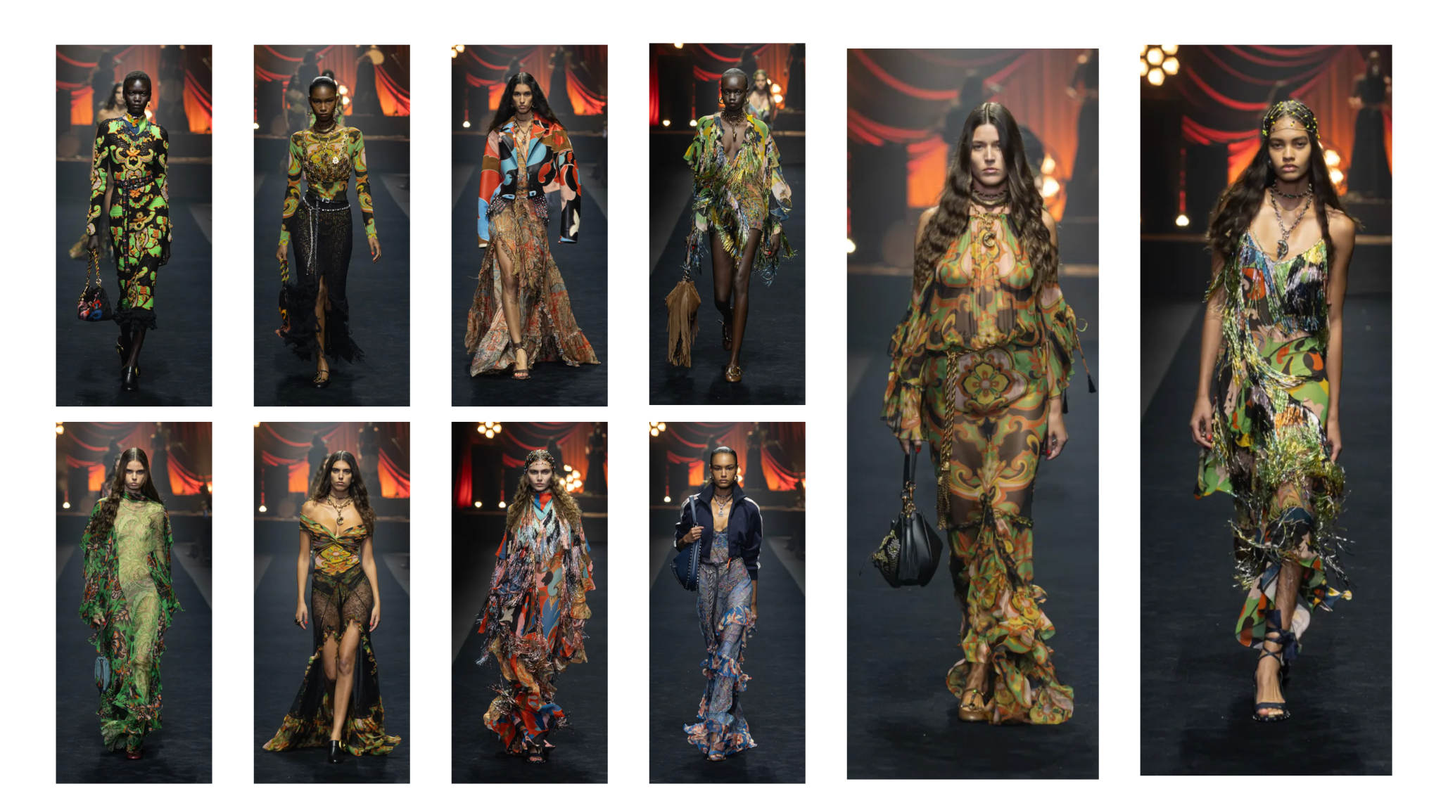Etro Spring 2026 Ready-to-Wear runway collage featuring bold psychedelic maximalist prints, fringe beadwork, crochet details, and free-flowing sheer fabrics in black and green colorways