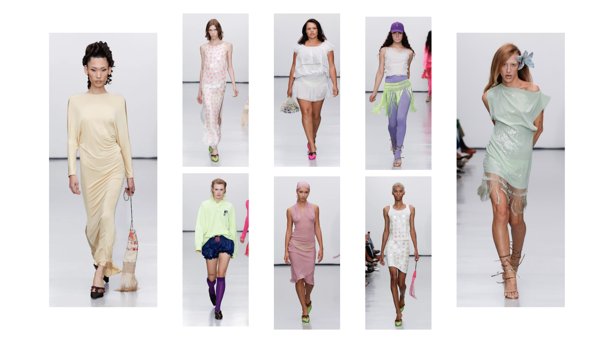 Connor Ives Spring 2026 Ready-to-Wear runway collage featuring pastel draped dresses, neon fringe details, lilac stirrup pants, sheer florals, and plus-size model in white skirt set