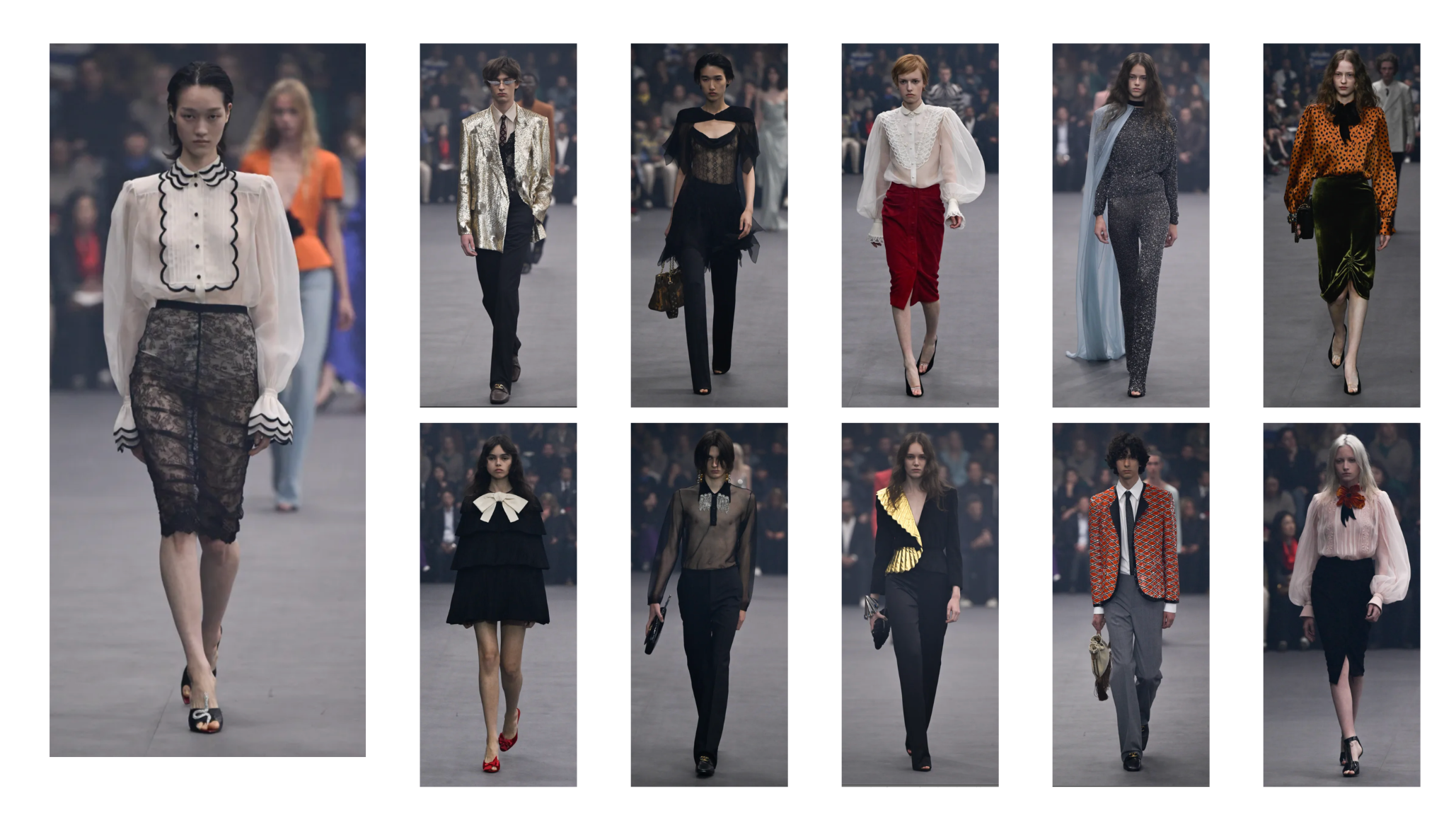 Valentino Spring 2026 Ready-to-Wear runway collage featuring sheer white blouse with black scalloping, gold sequin blazer, dramatic balloon sleeves, and exaggerated collar details