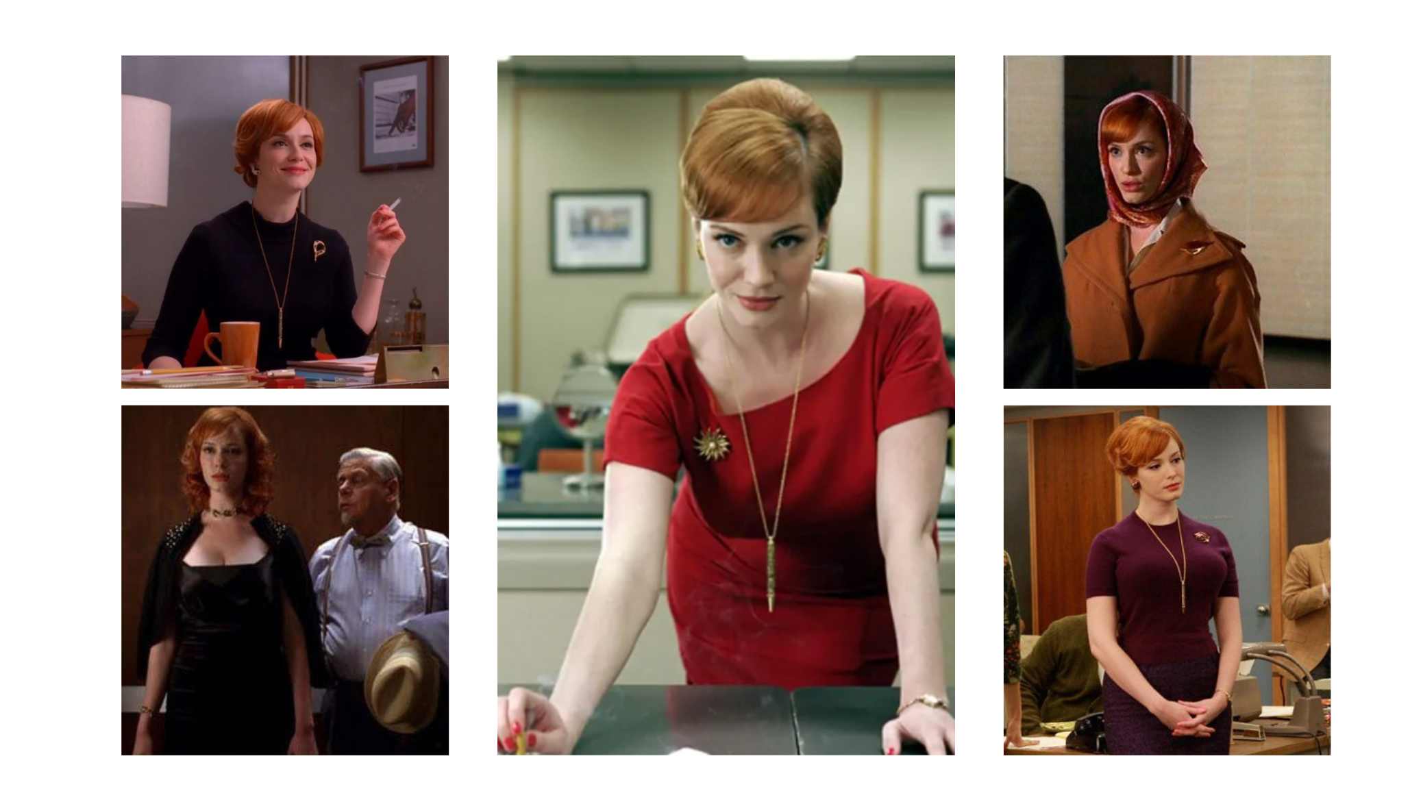 Joan Holloway Mad Men style inspiration collage featuring Christina Hendricks in fitted red scoop neck dress, black turtleneck with brooch, plum sheath dress, and rust structured coat with head scarf